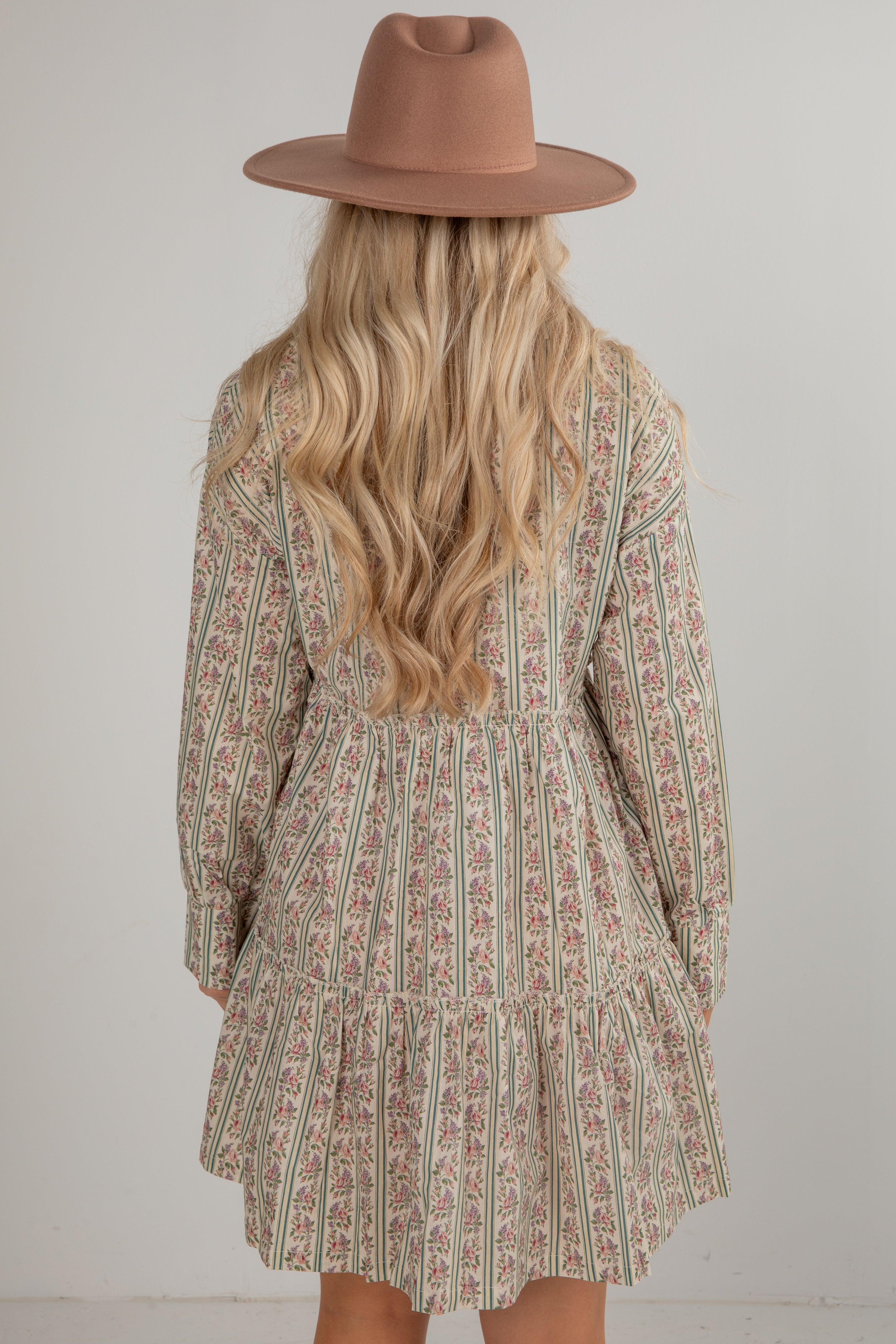 Person wearing a patterned dress and brown hat against a plain background