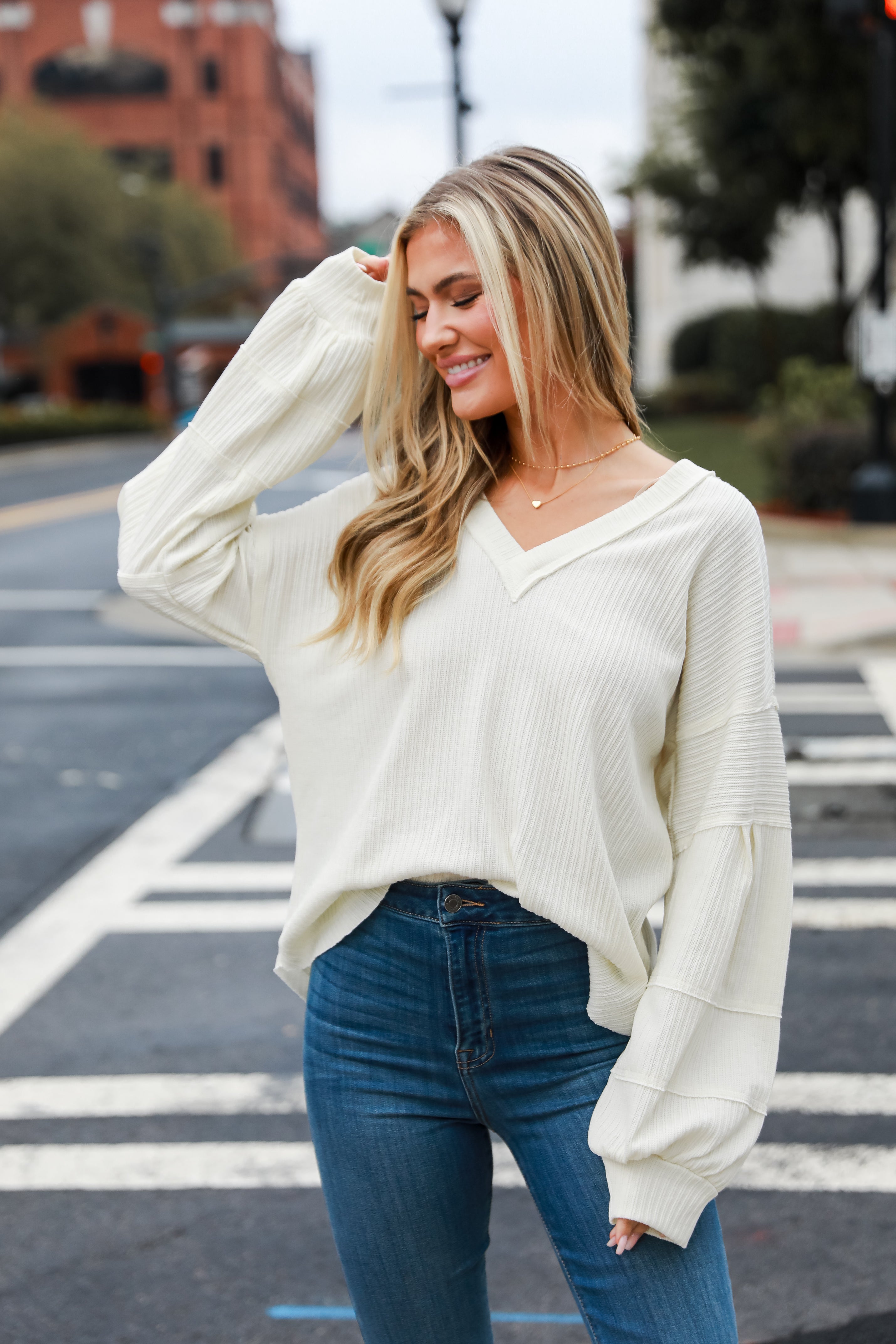 Basic Cream Ribbed Knit Top 