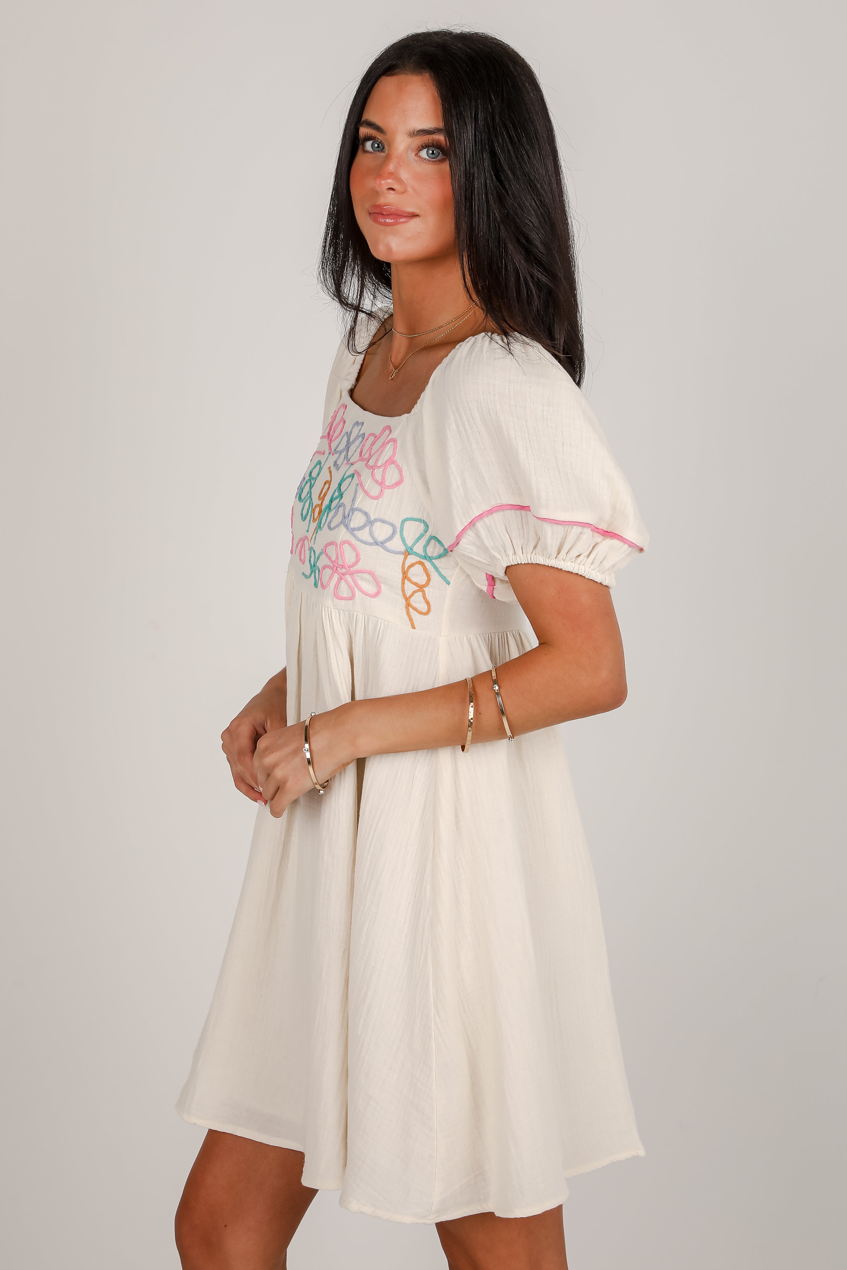 Sweet Meadow Cream Linen Embroidered Babydoll Mini Dress