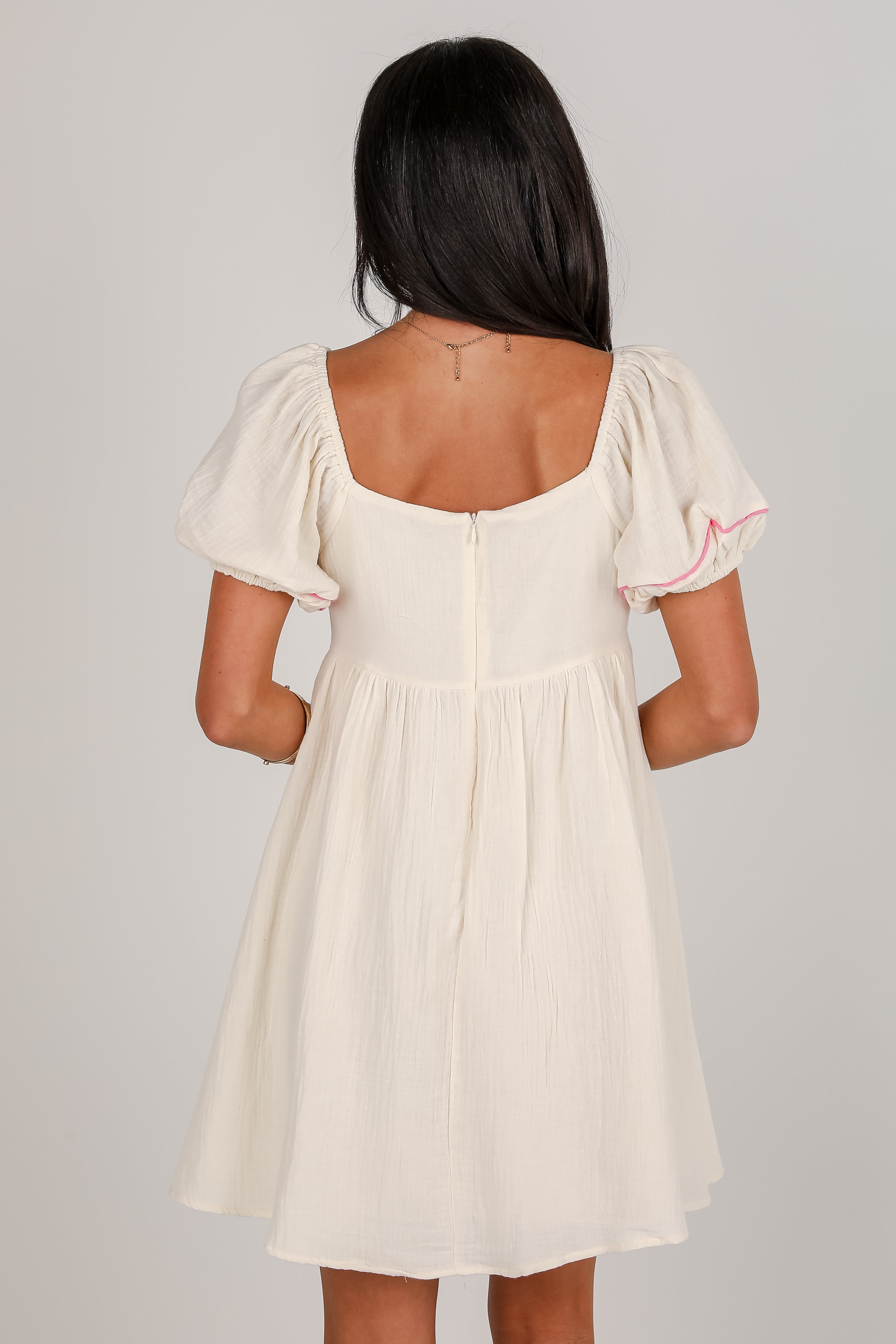 Sweet Meadow Cream Linen Embroidered Babydoll Mini Dress