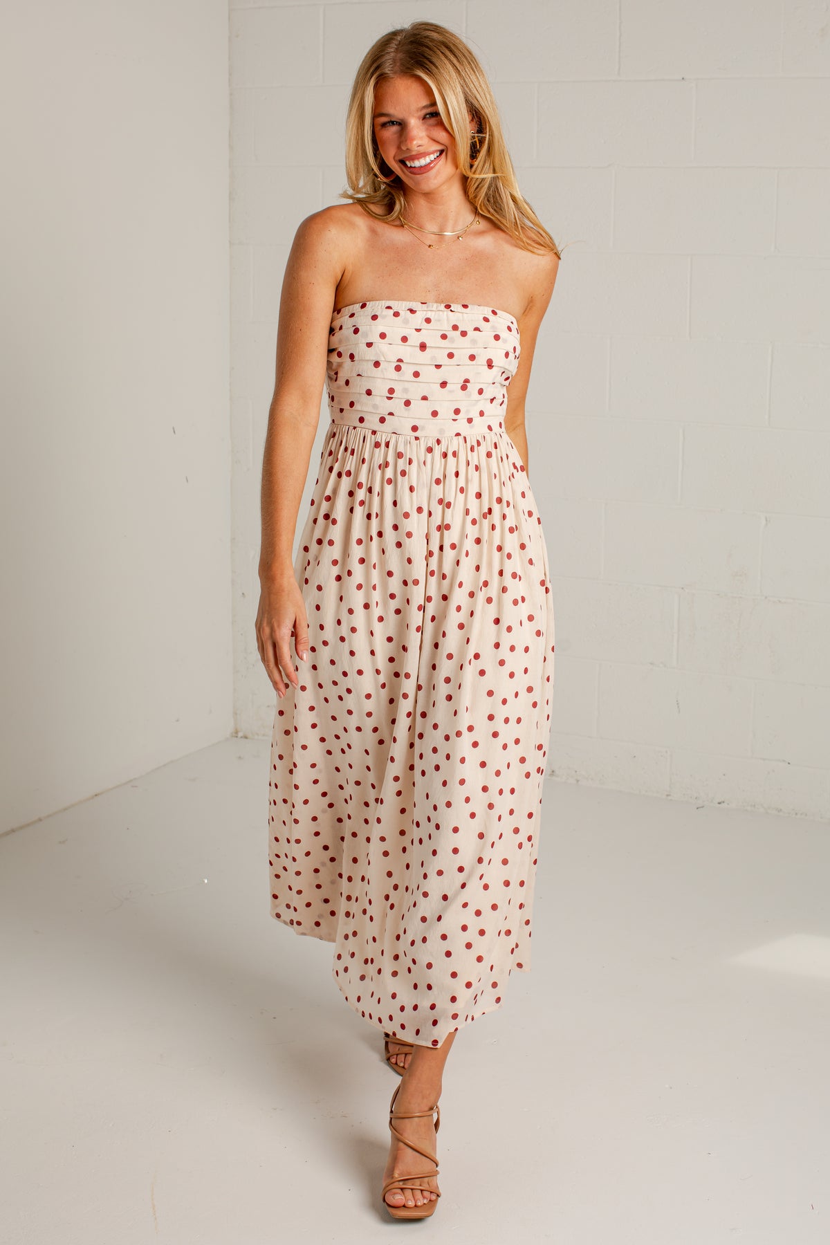 Dinner Plans Cream Polka Dot Midi Dress