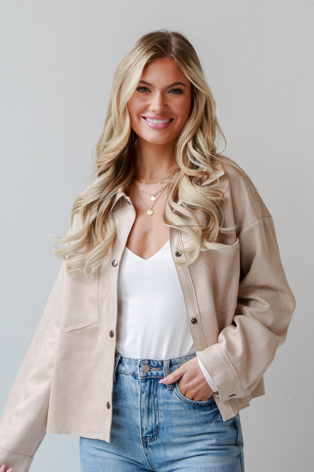trendy Cream Suede Cropped Jacket