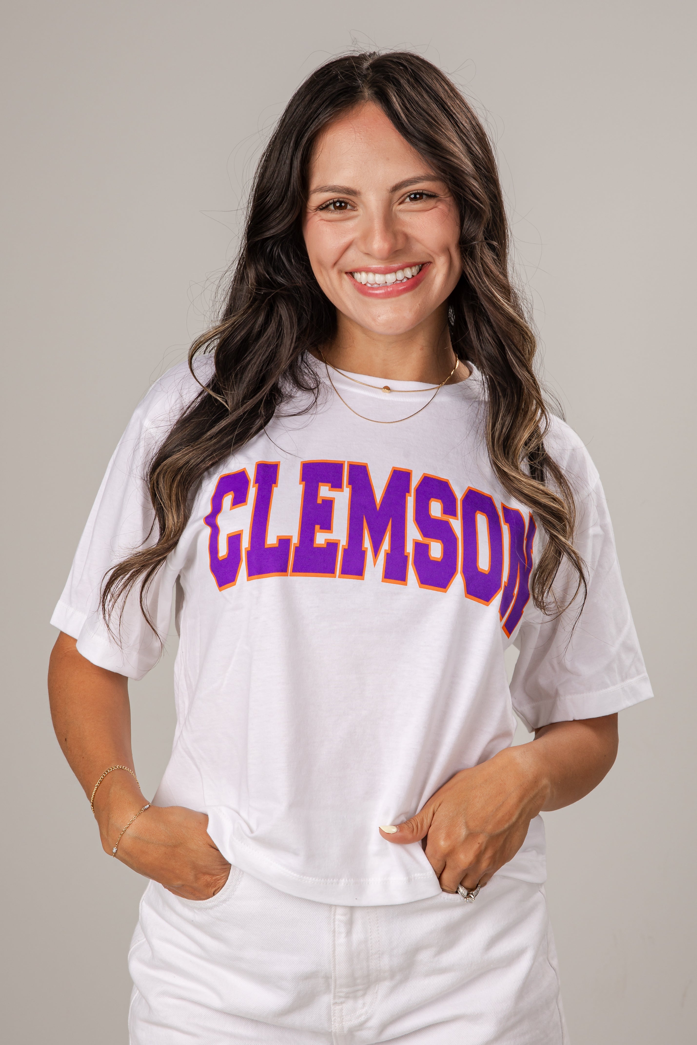 White Clemson Cropped Tee |Trendy Women's Tops| ShopDressUp Exclusives White / Medium
