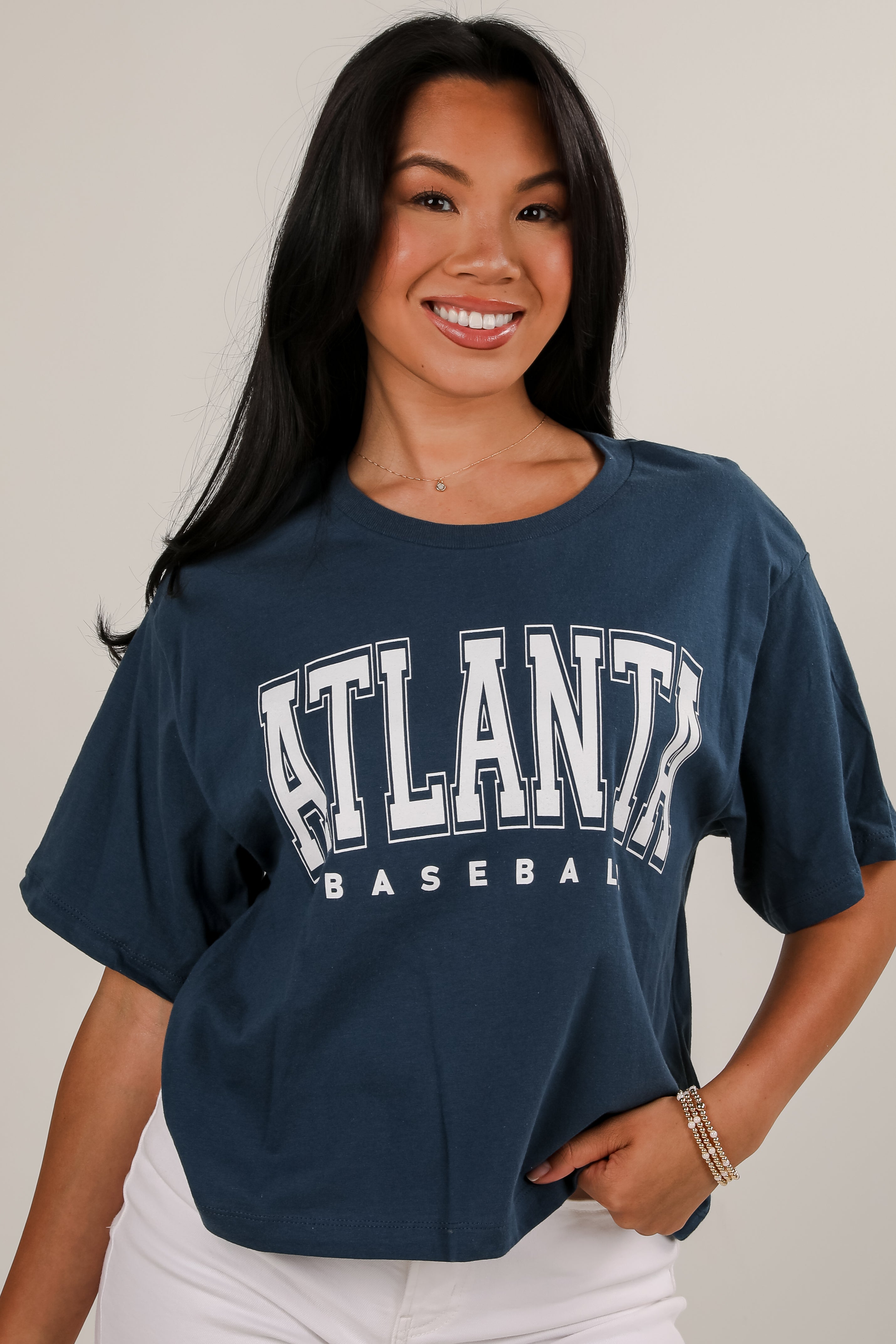 Navy Atlanta Baseball Block Letter Cropped Tee