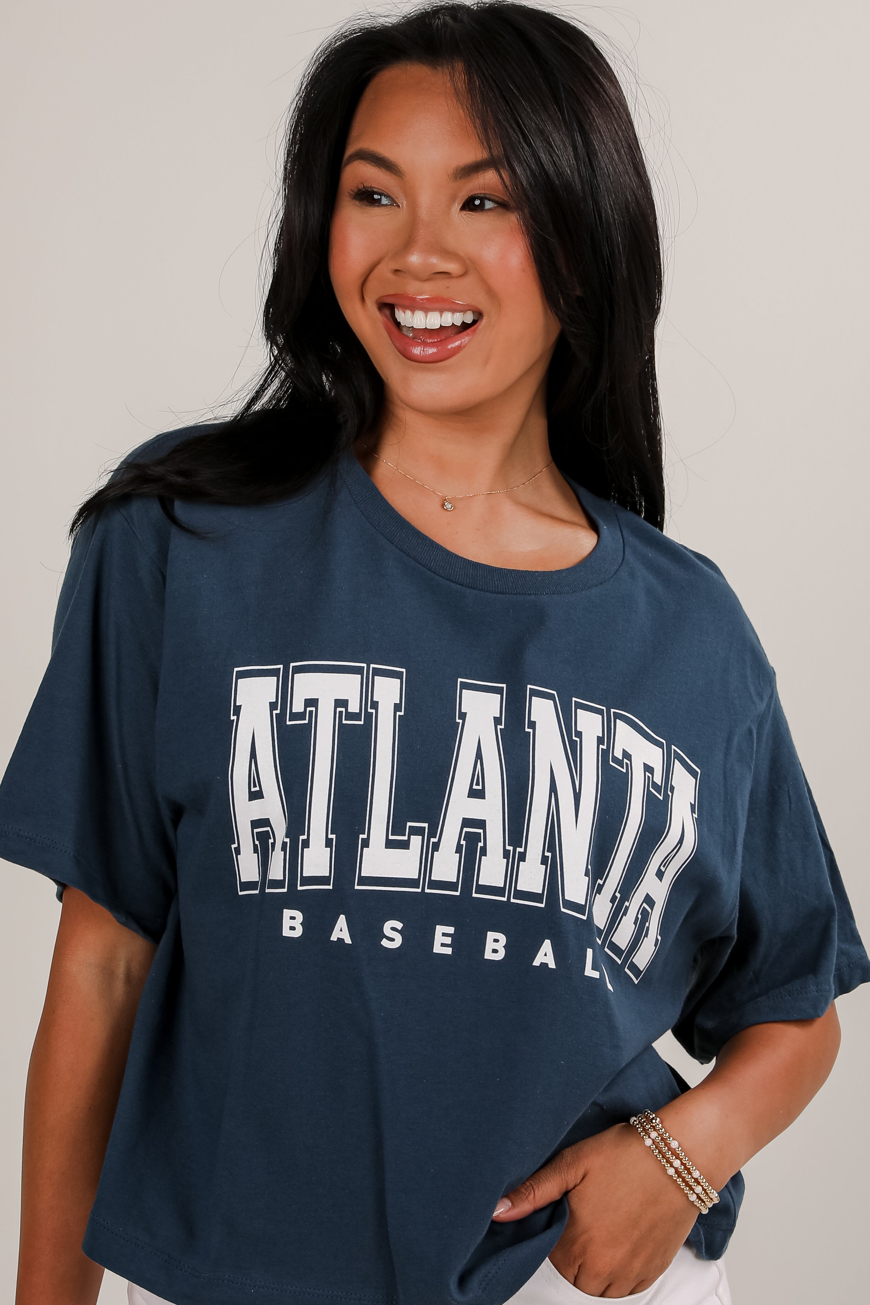 Navy Atlanta Baseball Block Letter Cropped Tee