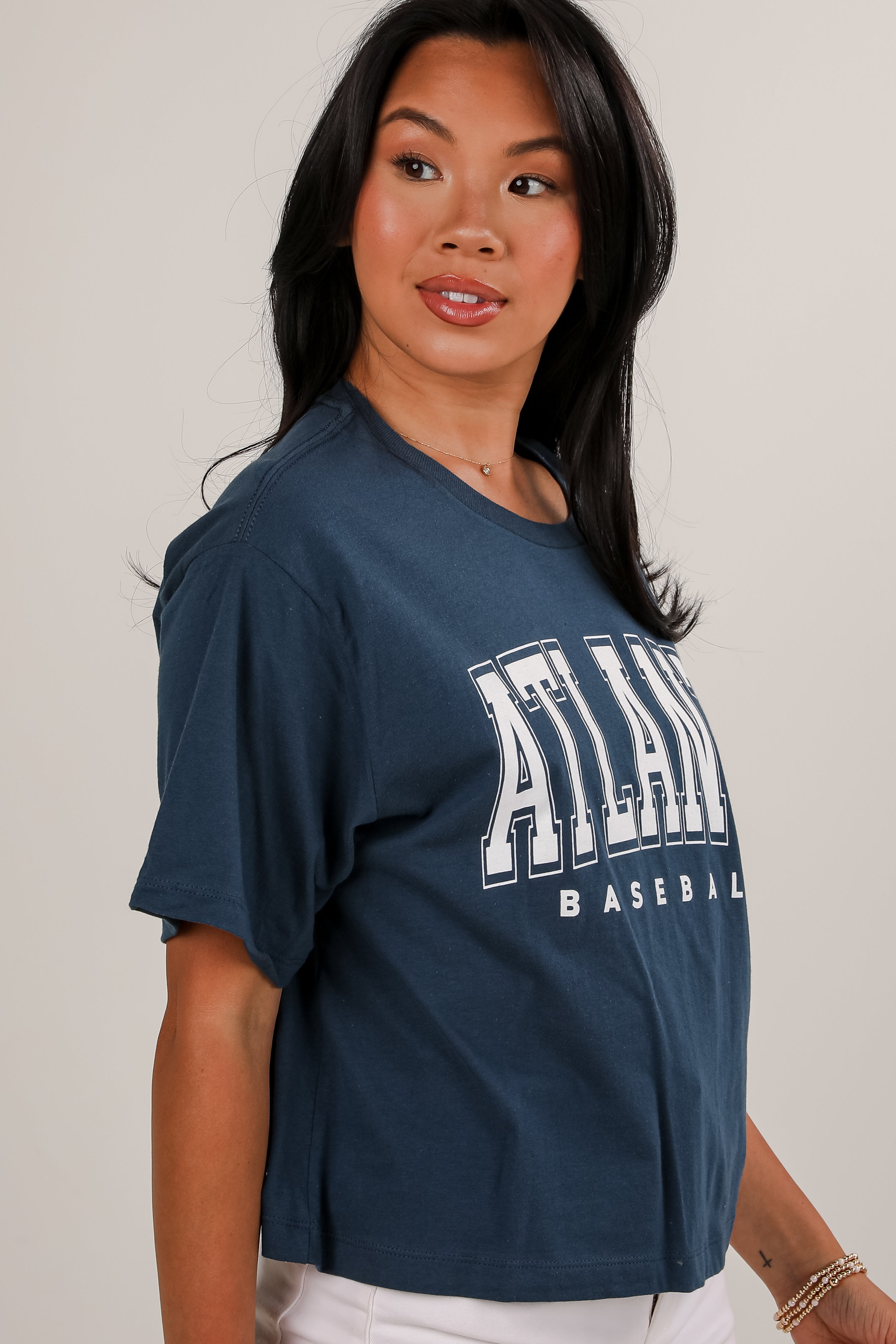 Navy Atlanta Baseball Block Letter Cropped Tee