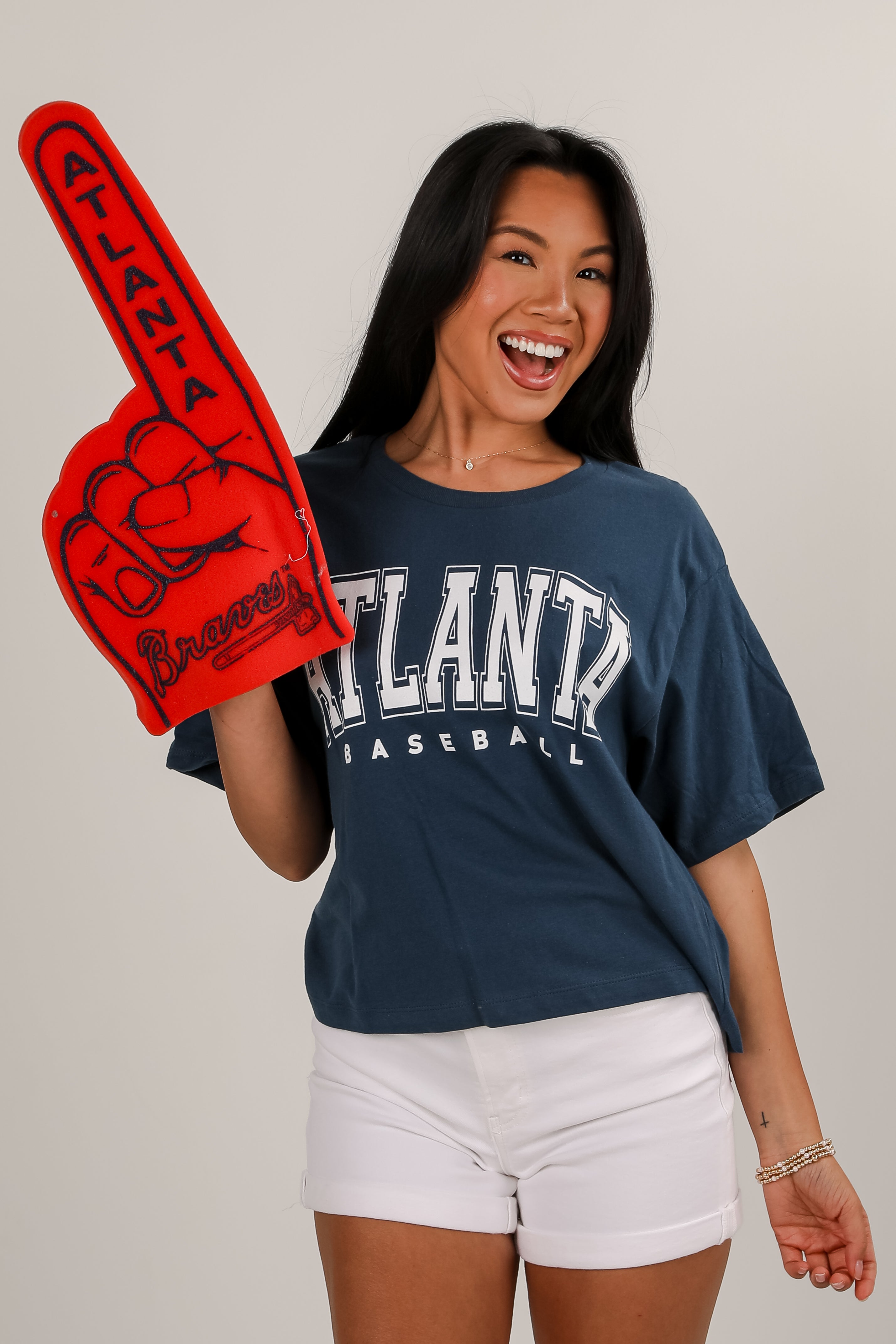 Navy Atlanta Baseball Block Letter Cropped Tee