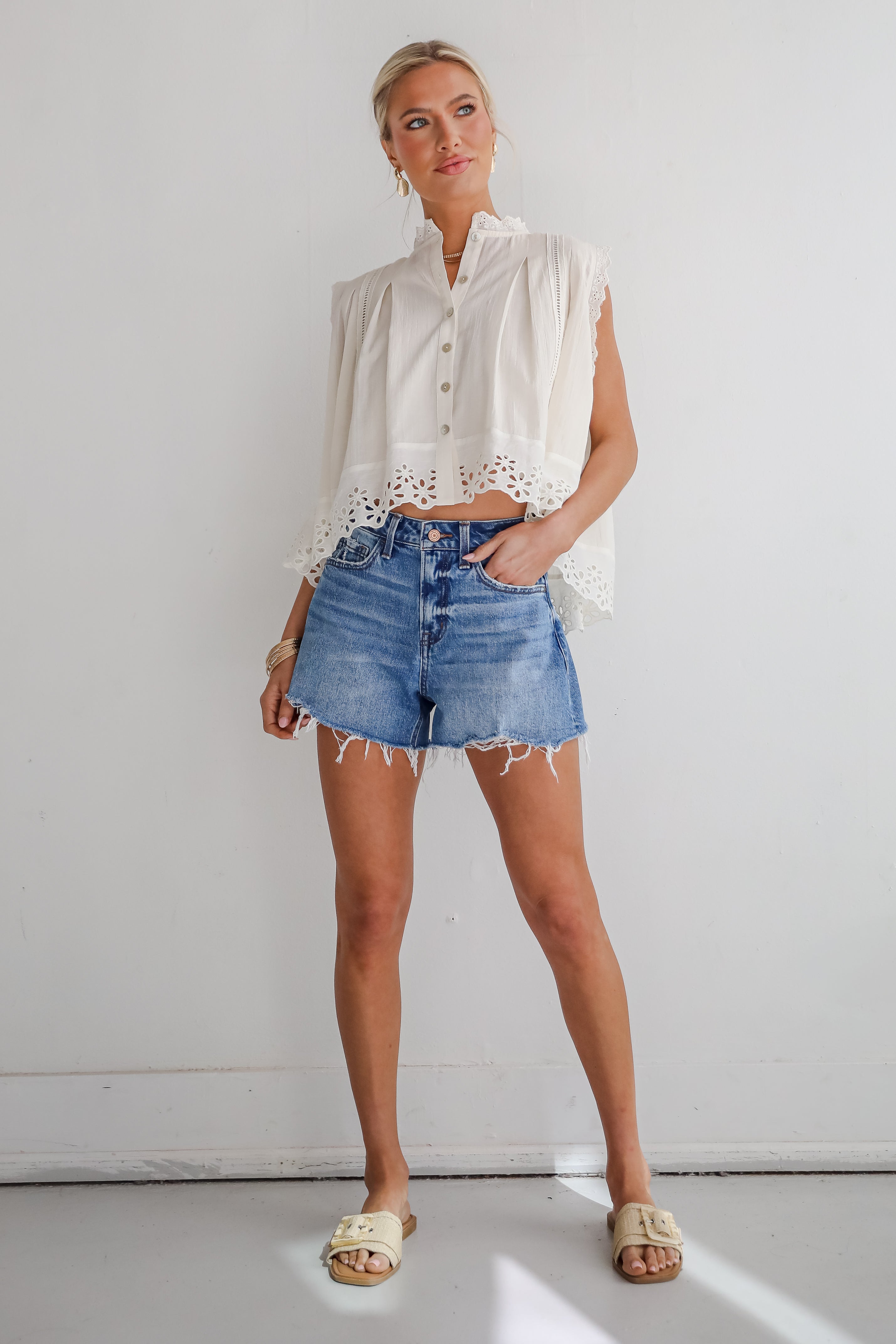 Tatum Dark Wash High-Rise Distressed Denim Shorts
