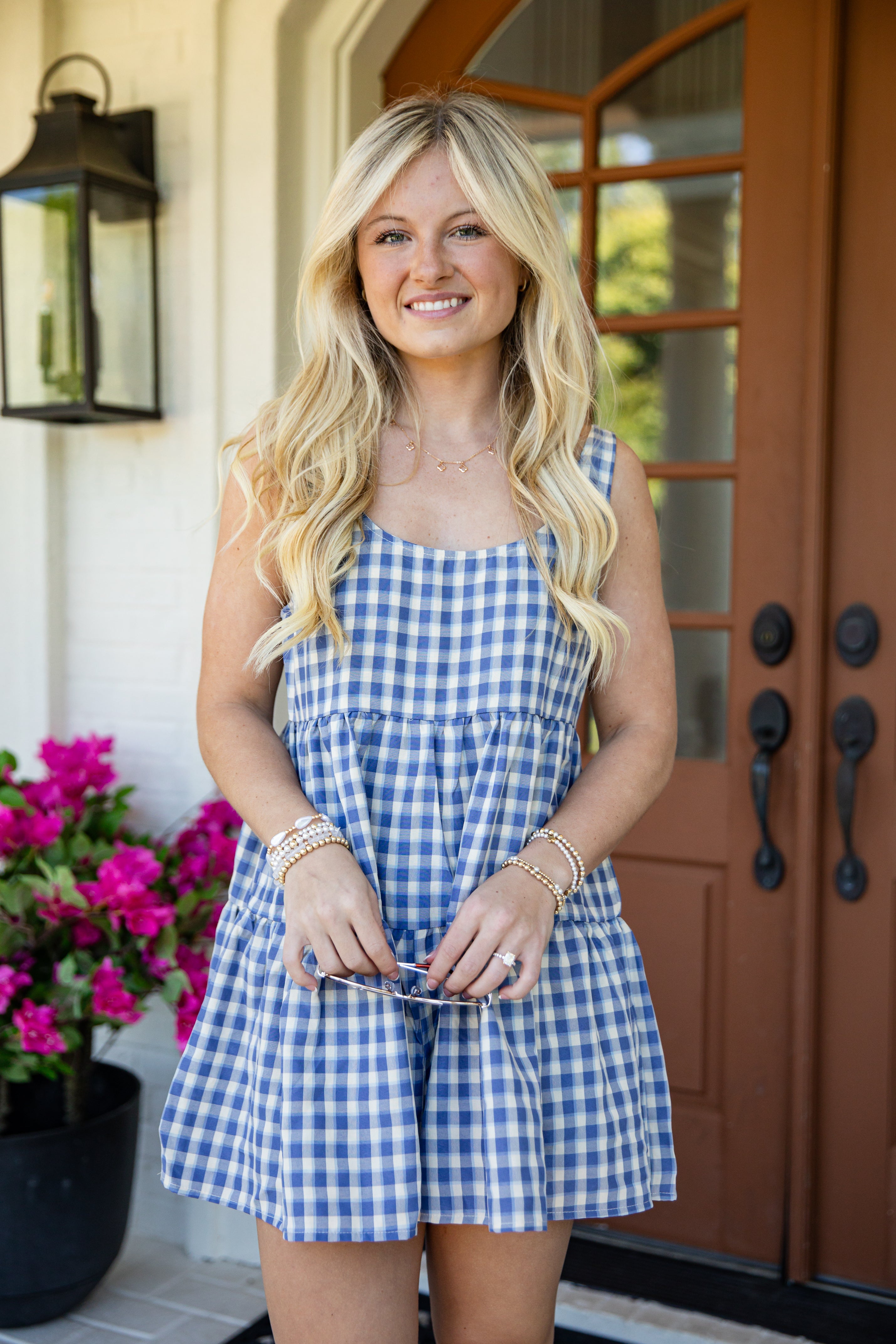 Cute Denim Blue Gingham Romper | Trendy Women's Romper