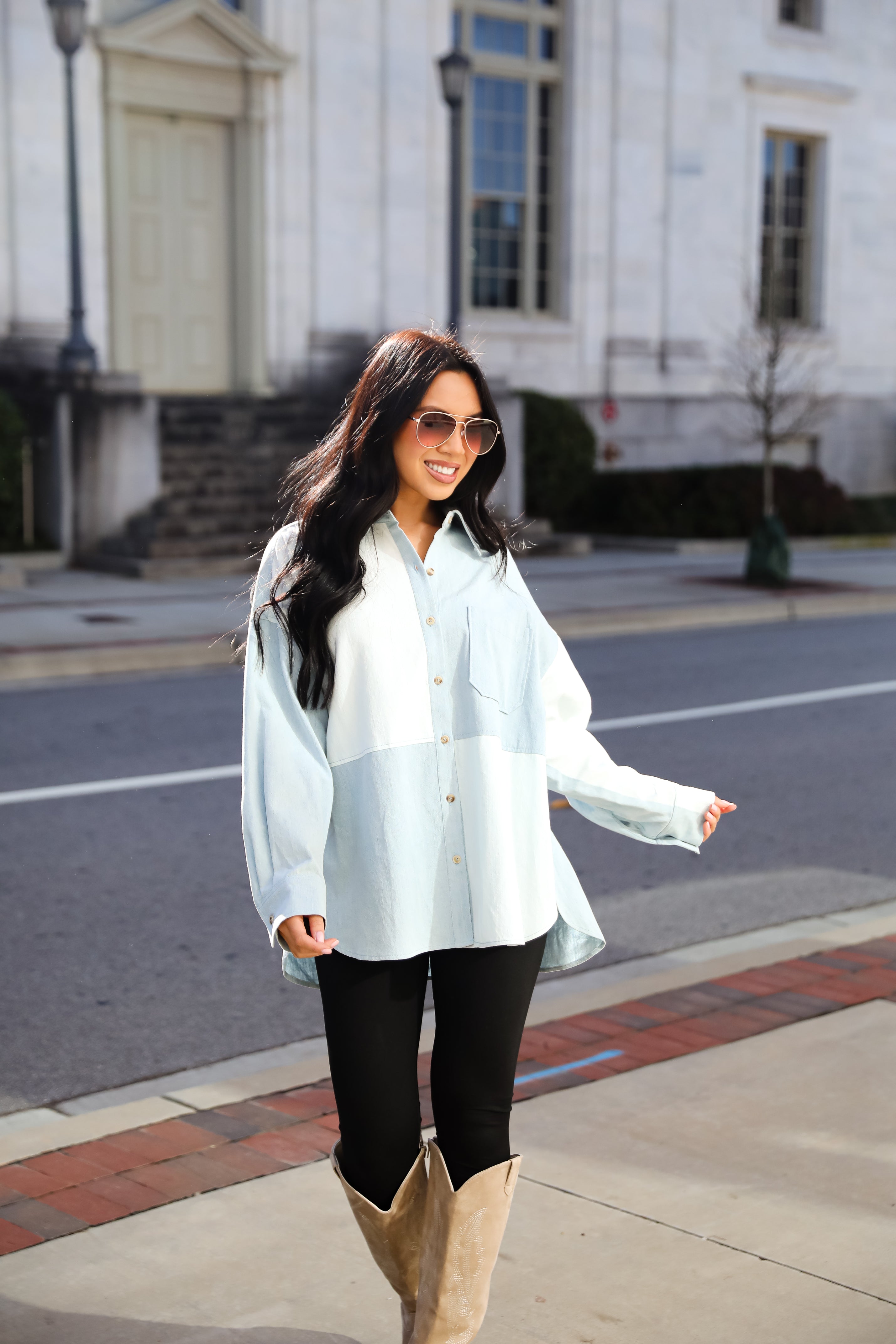 Exquisite Poise Denim Color Block Button-Up Blouse