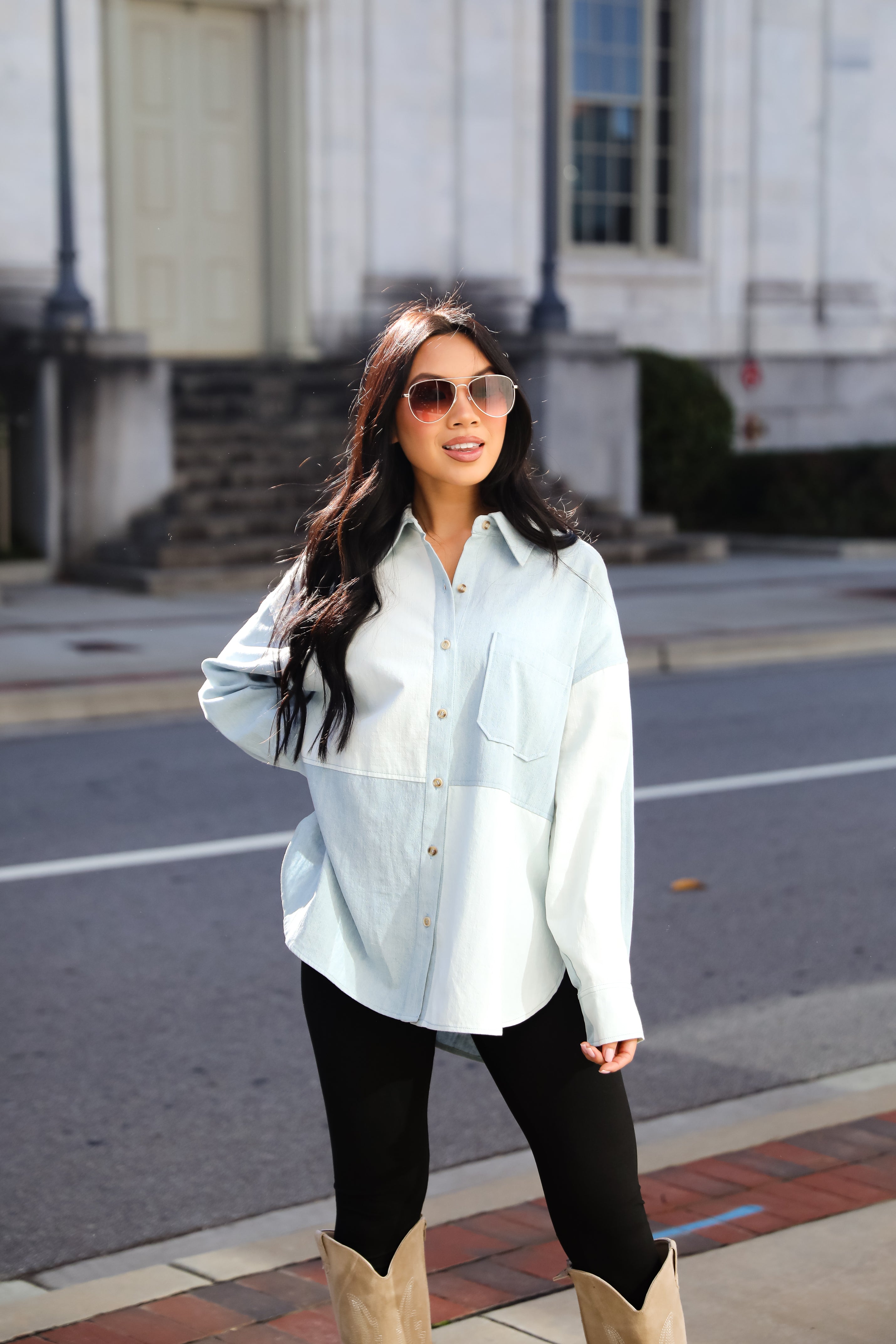 Exquisite Poise Denim Color Block Button-Up Blouse
