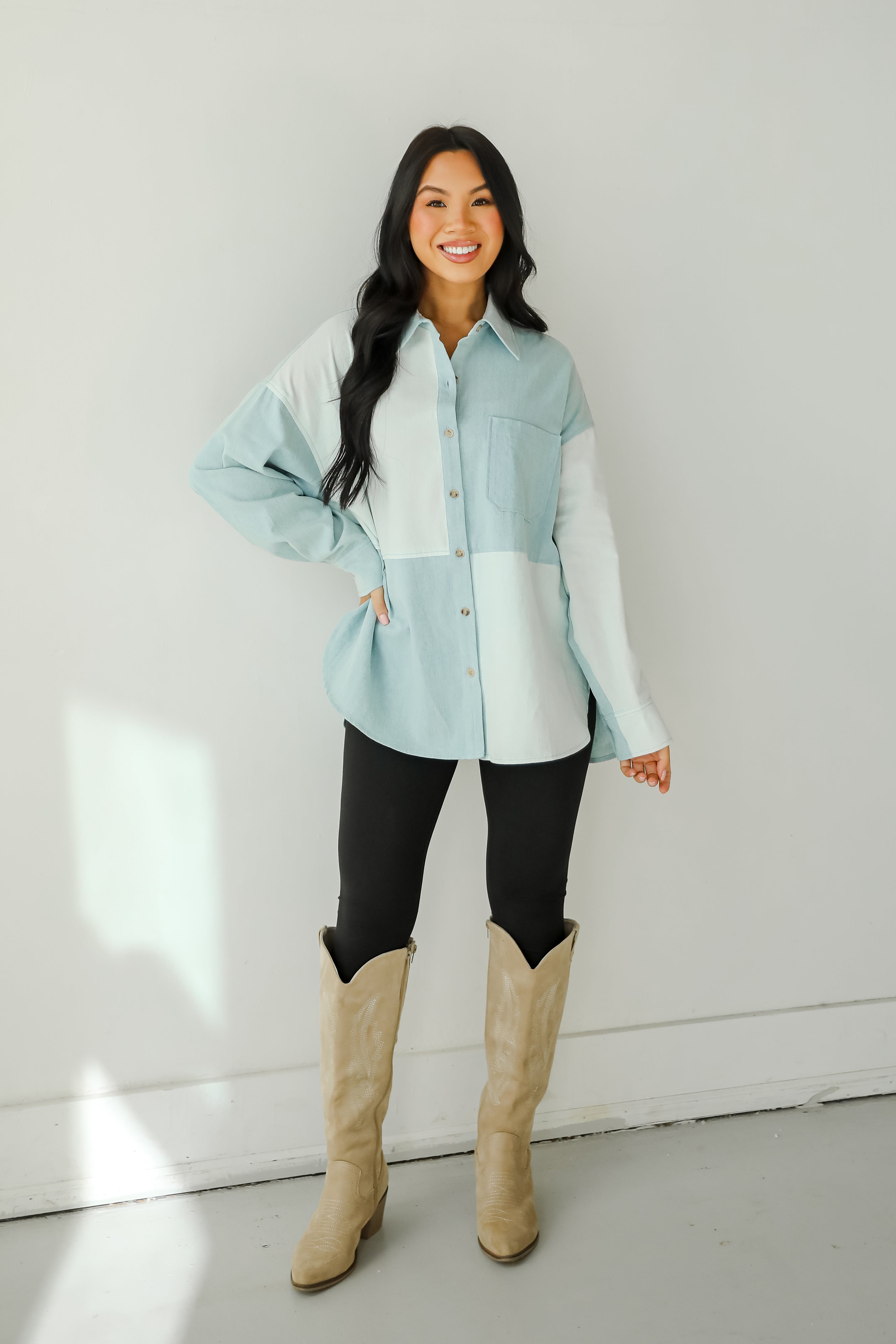 Exquisite Poise Denim Color Block Button-Up Blouse