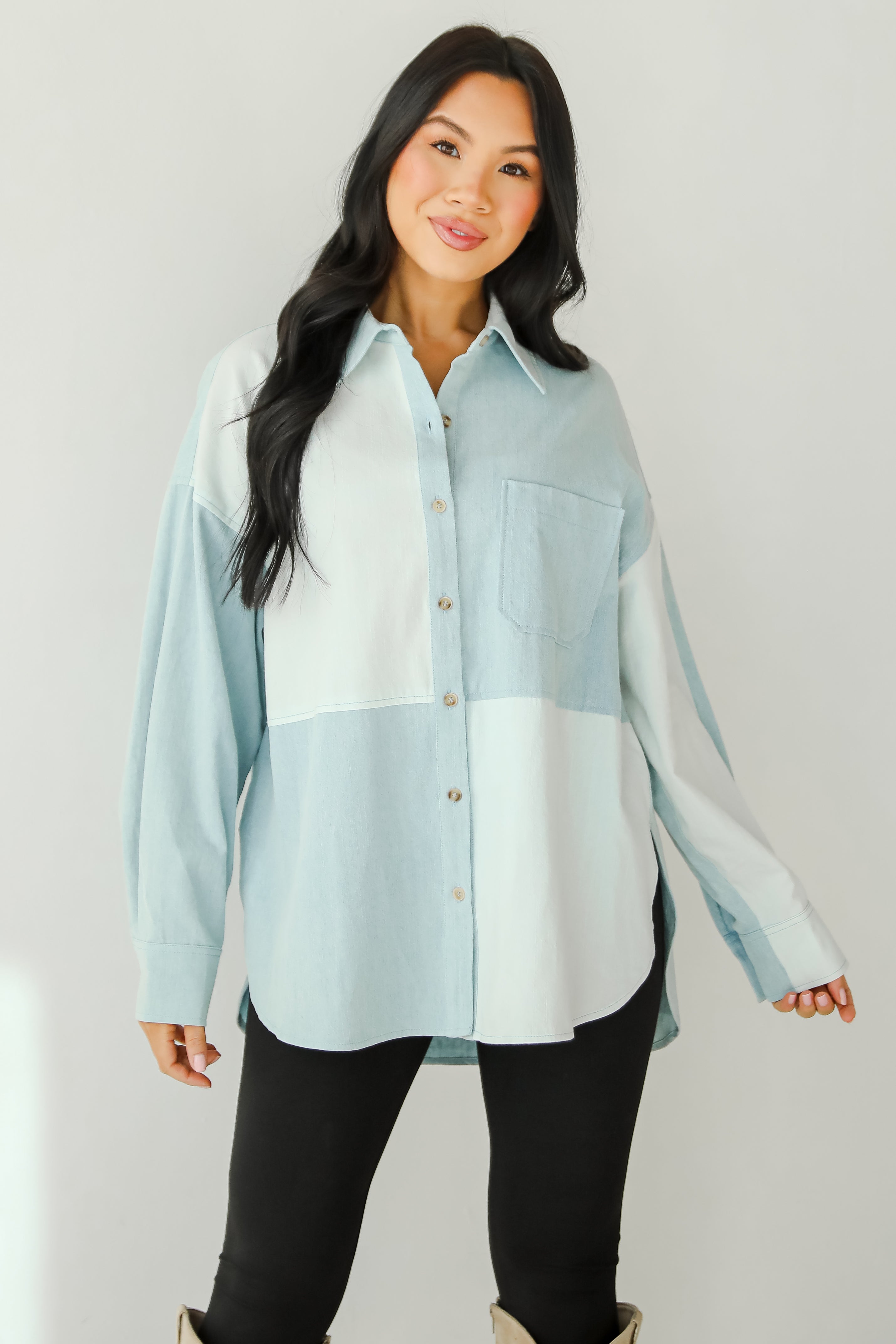 Exquisite Poise Denim Color Block Button-Up Blouse