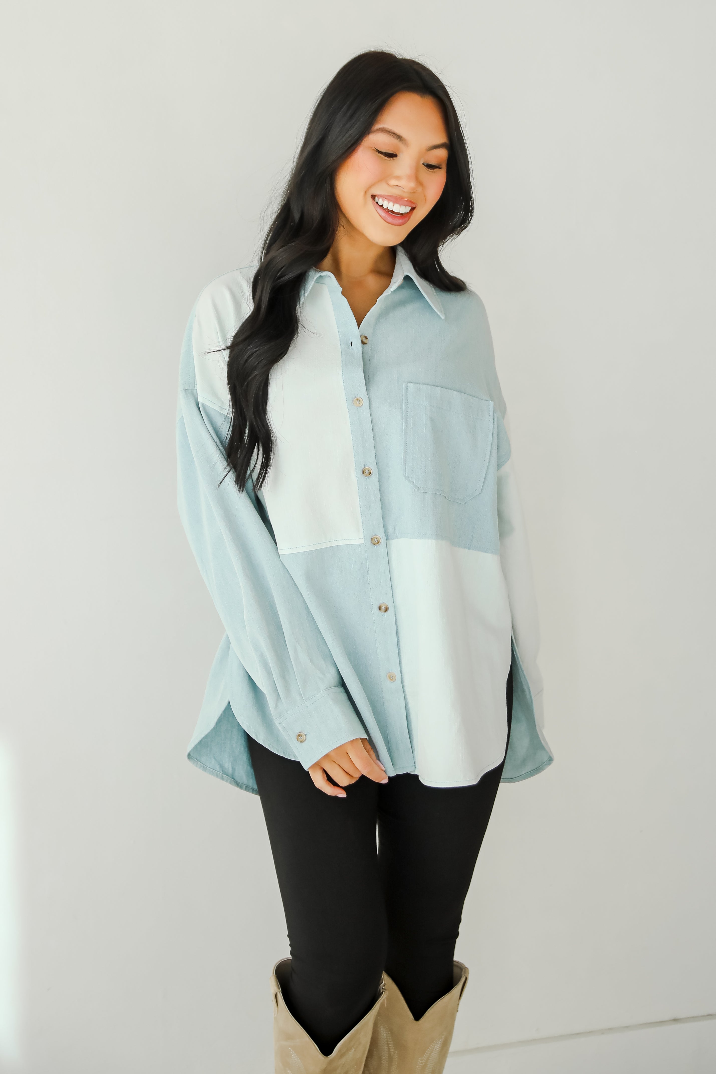 Exquisite Poise Denim Color Block Button-Up Blouse
