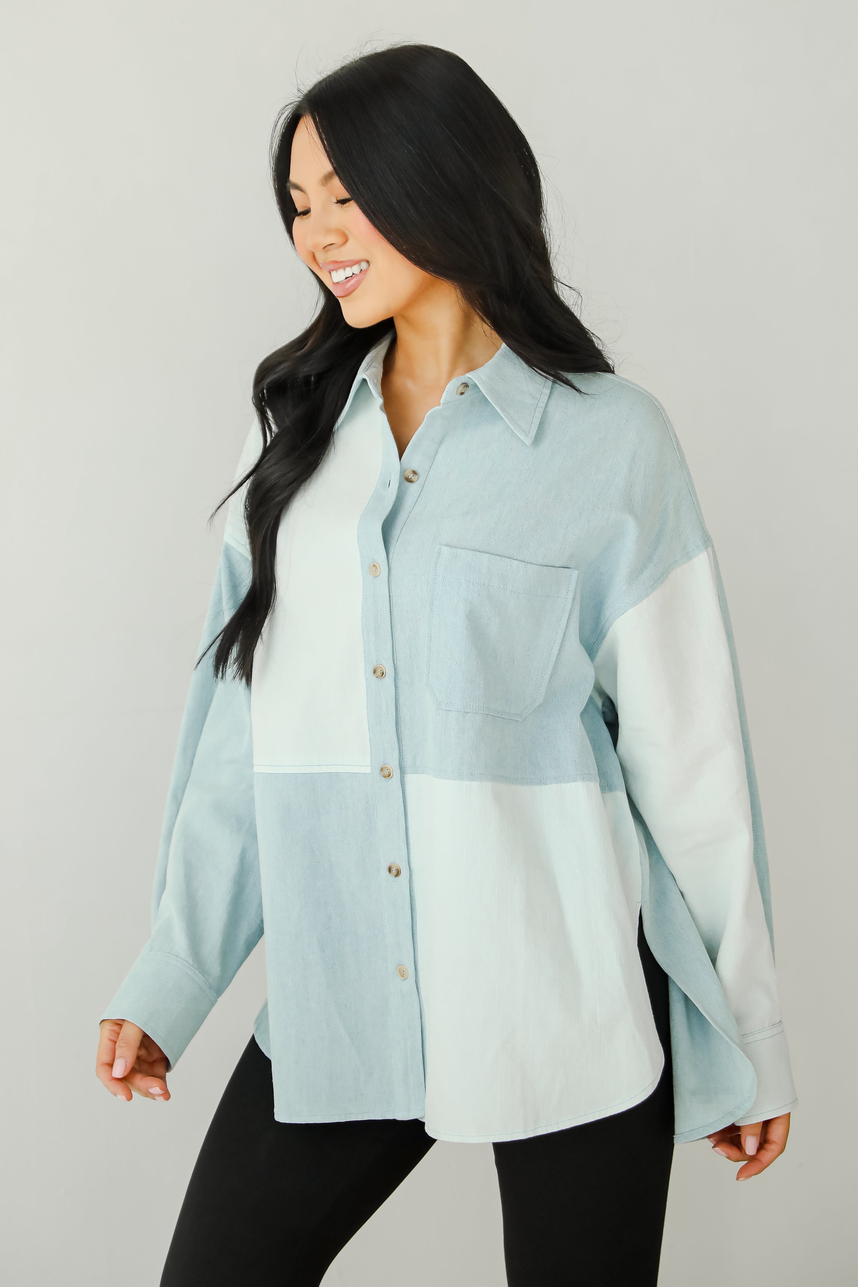 Exquisite Poise Denim Color Block Button-Up Blouse