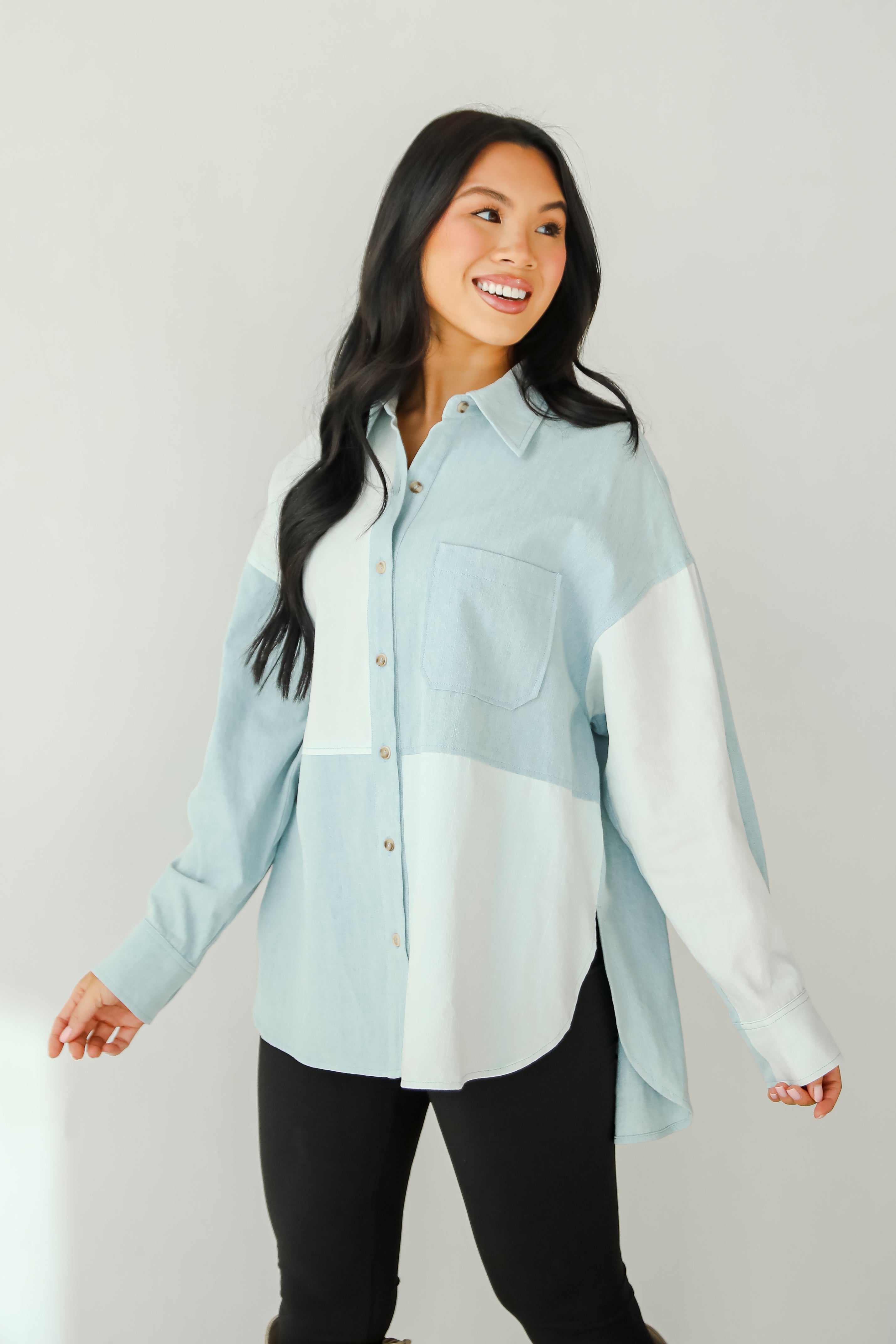 Exquisite Poise Denim Color Block Button-Up Blouse