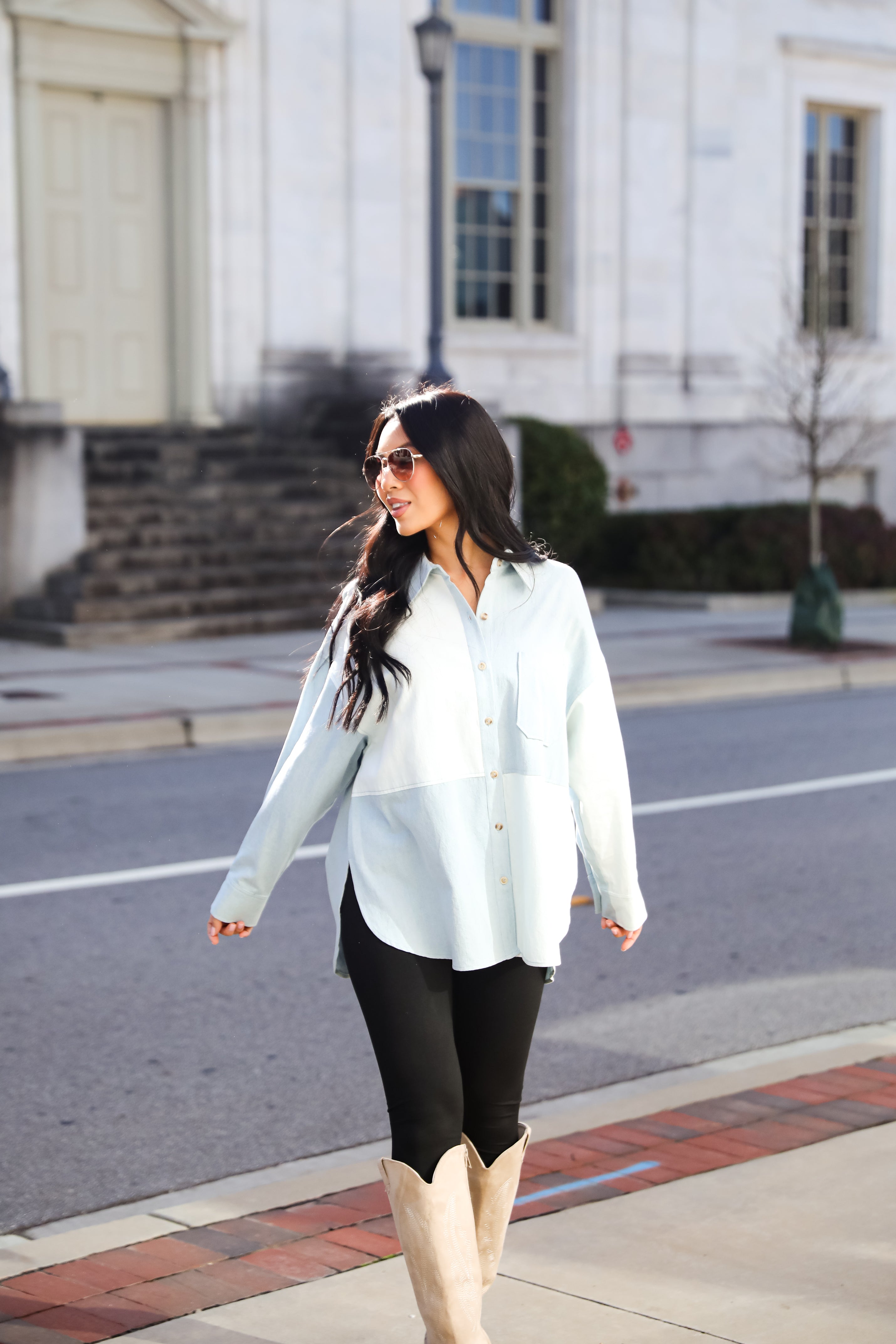 Exquisite Poise Denim Color Block Button-Up Blouse