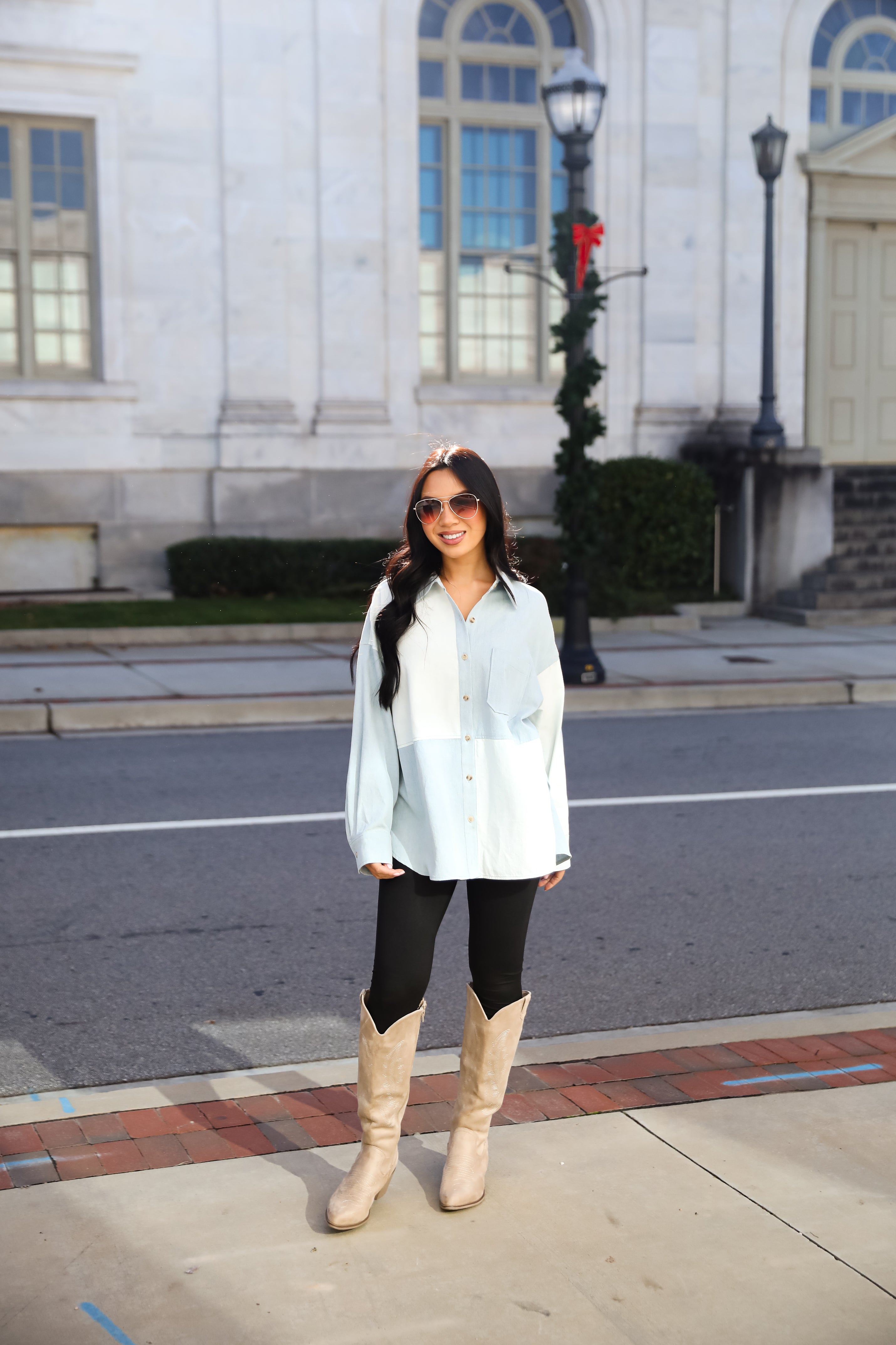 Exquisite Poise Denim Color Block Button-Up Blouse