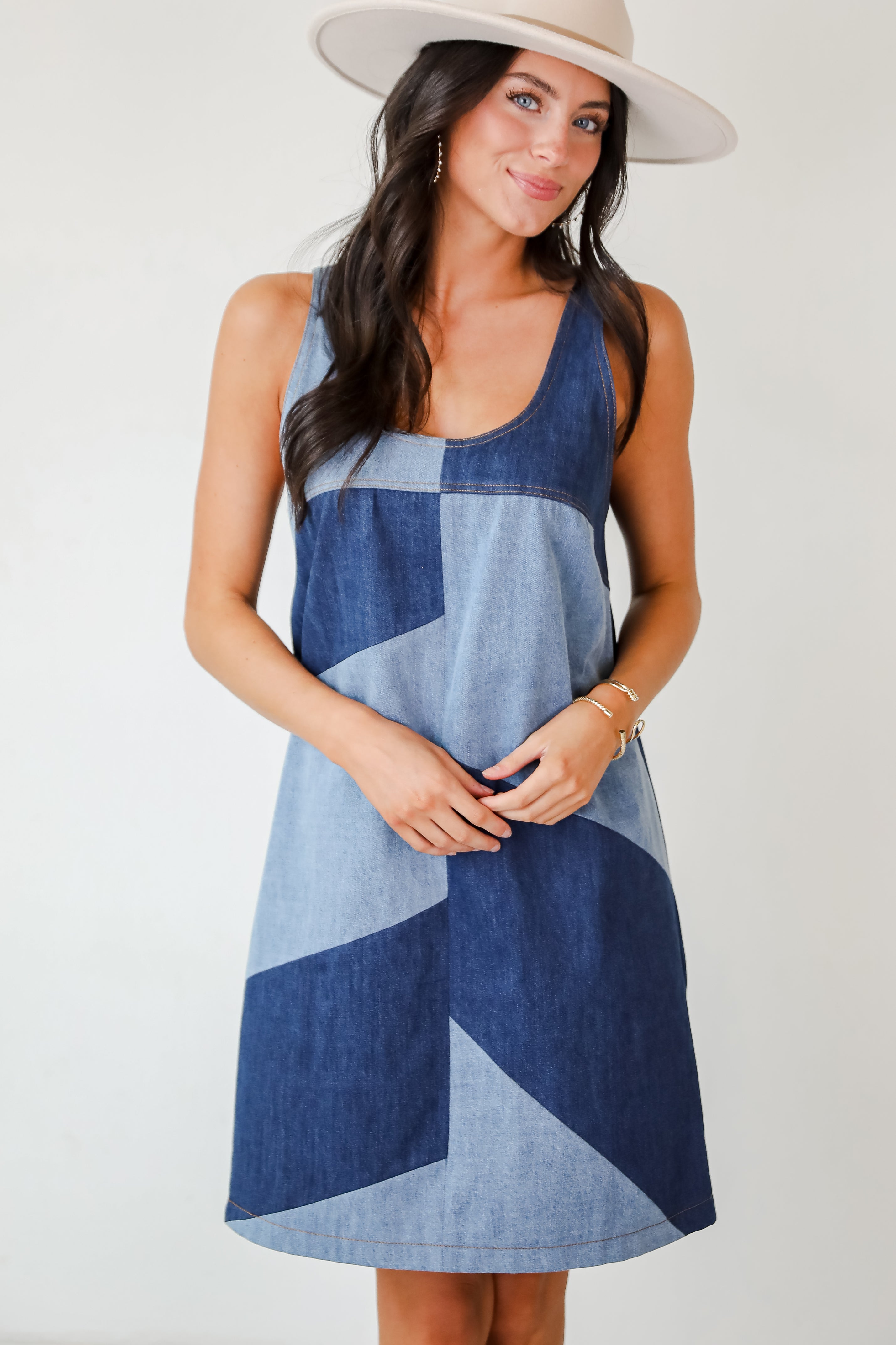 Sincerely Poised Denim Color Block Mini Dress