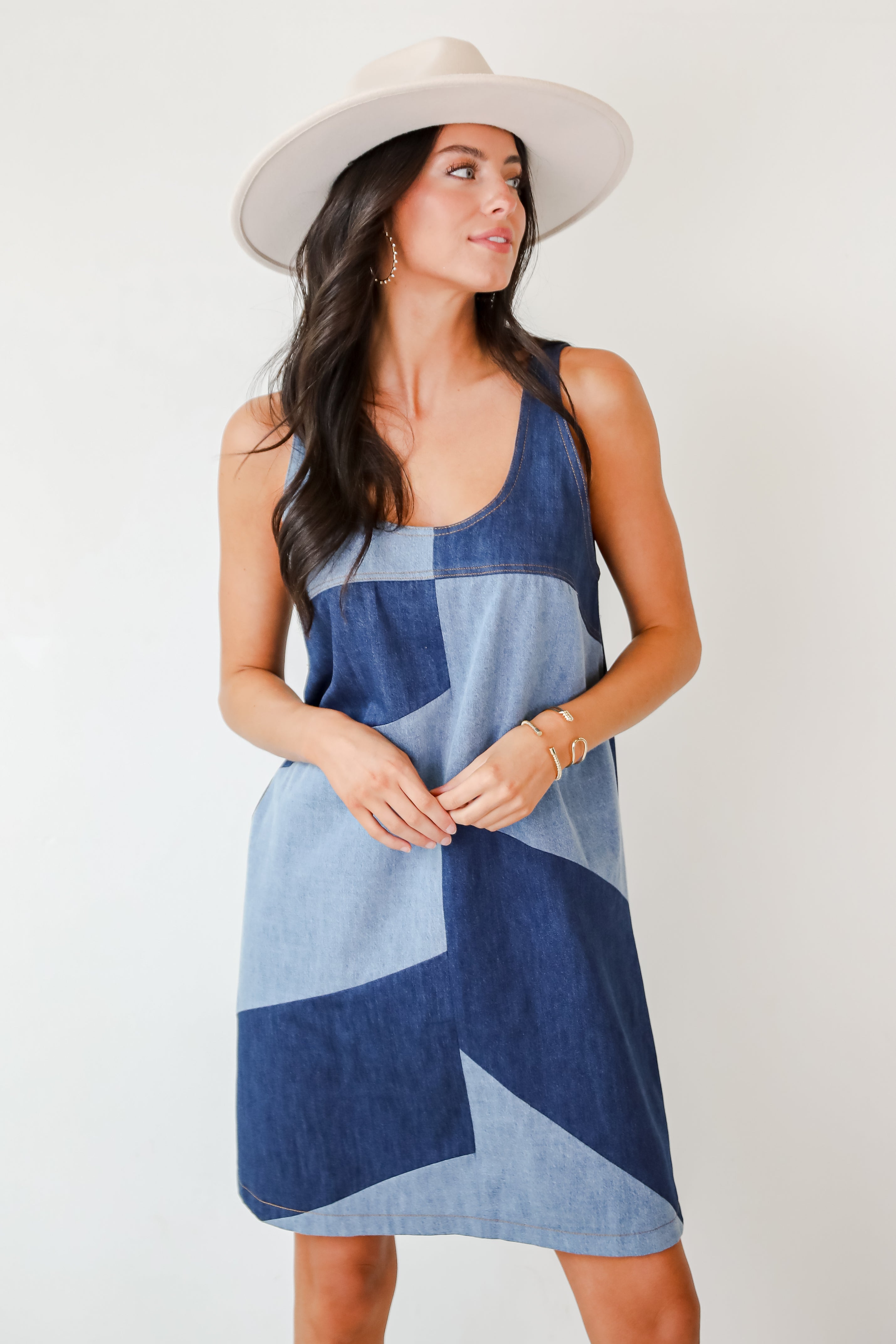 Sincerely Poised Denim Color Block Mini Dress