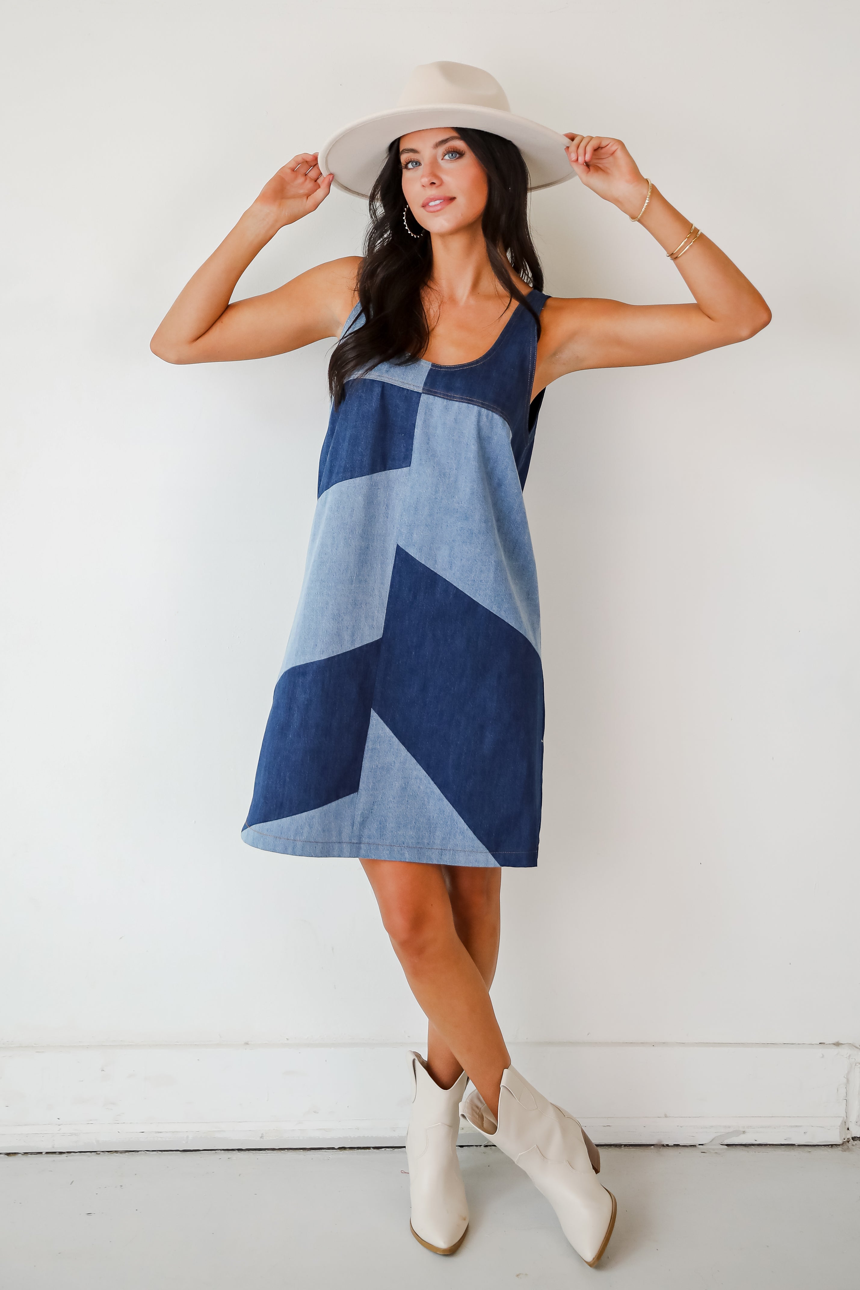 Sincerely Poised Denim Color Block Mini Dress