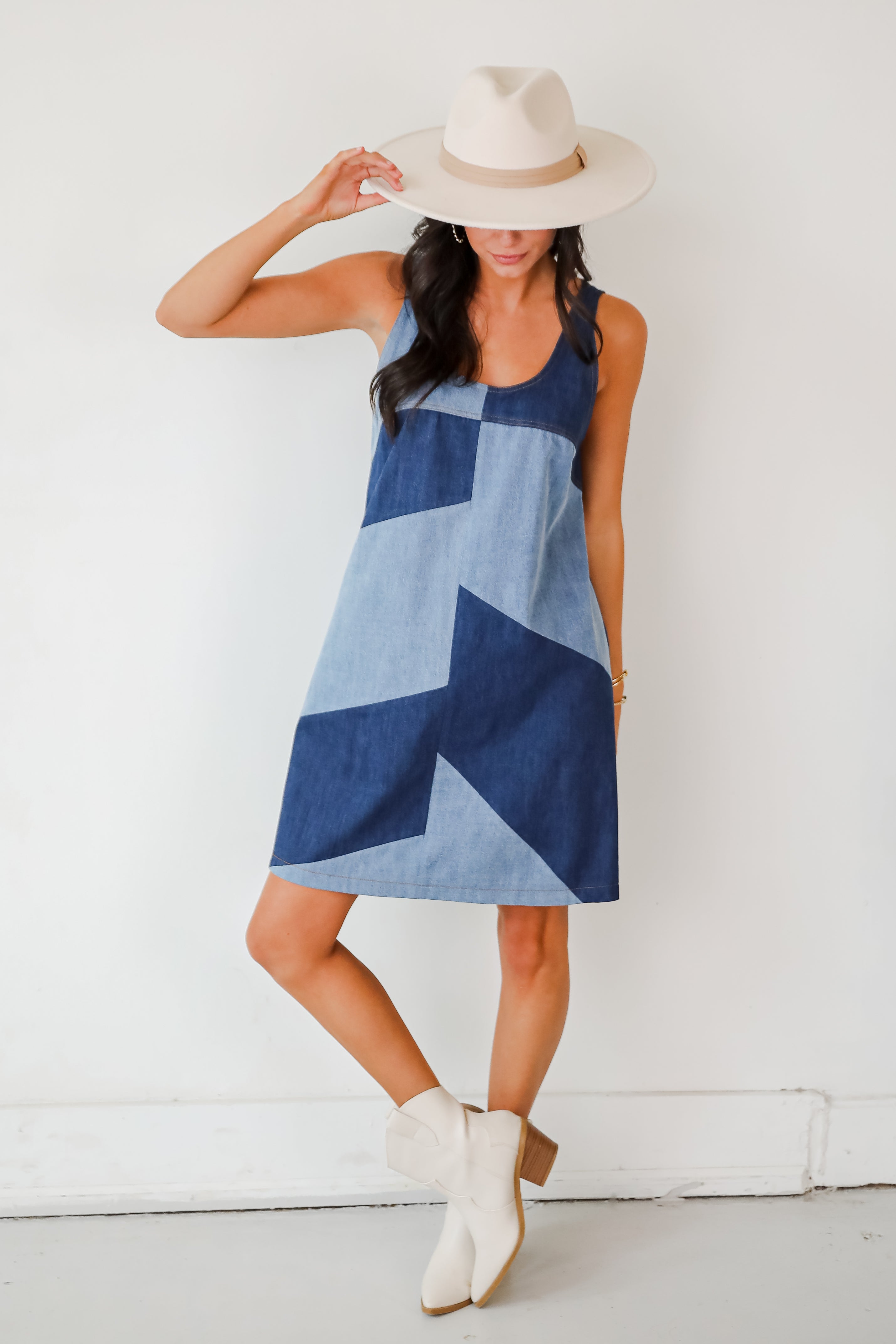 Sincerely Poised Denim Color Block Mini Dress