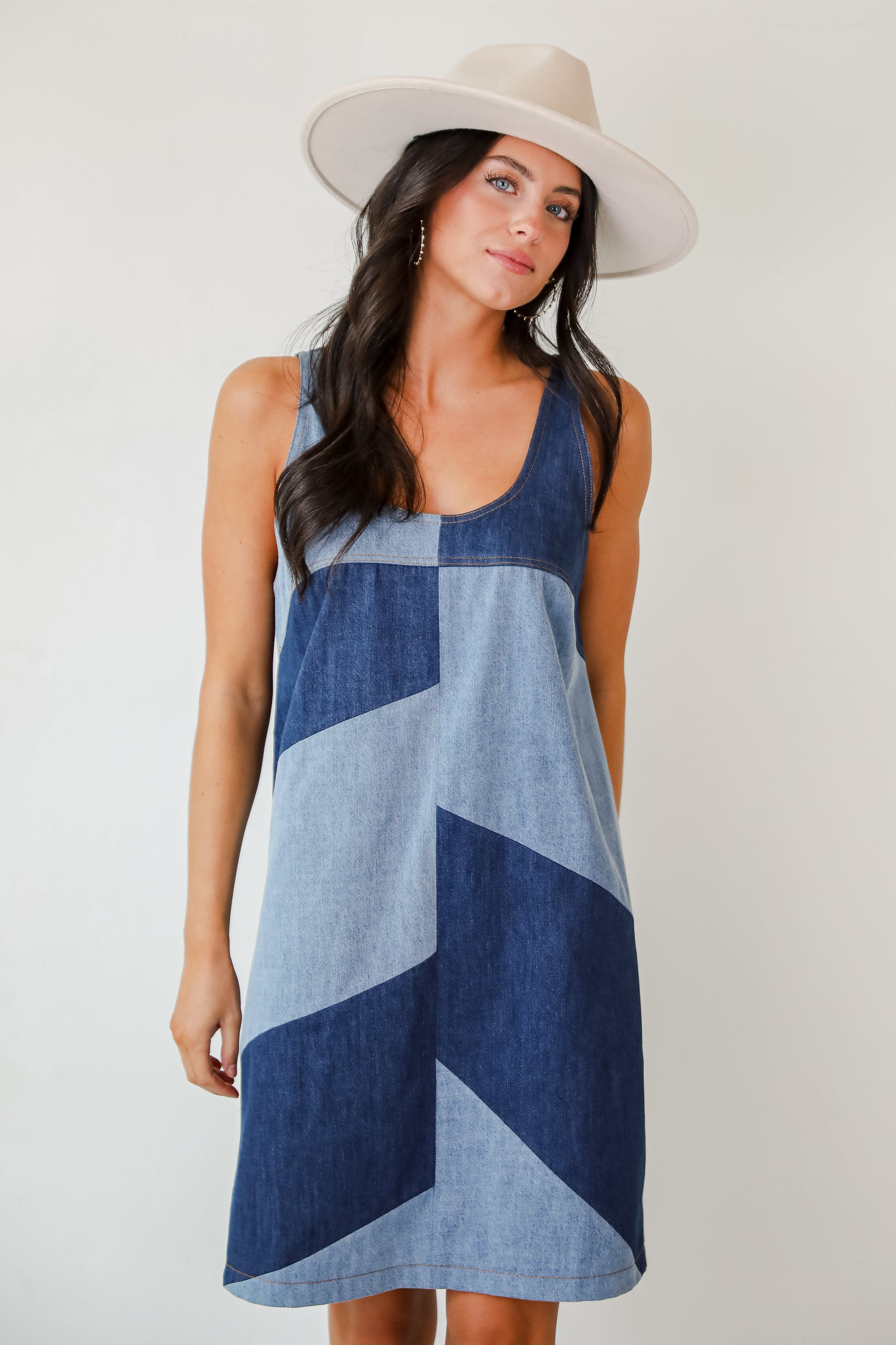 Sincerely Poised Denim Color Block Mini Dress
