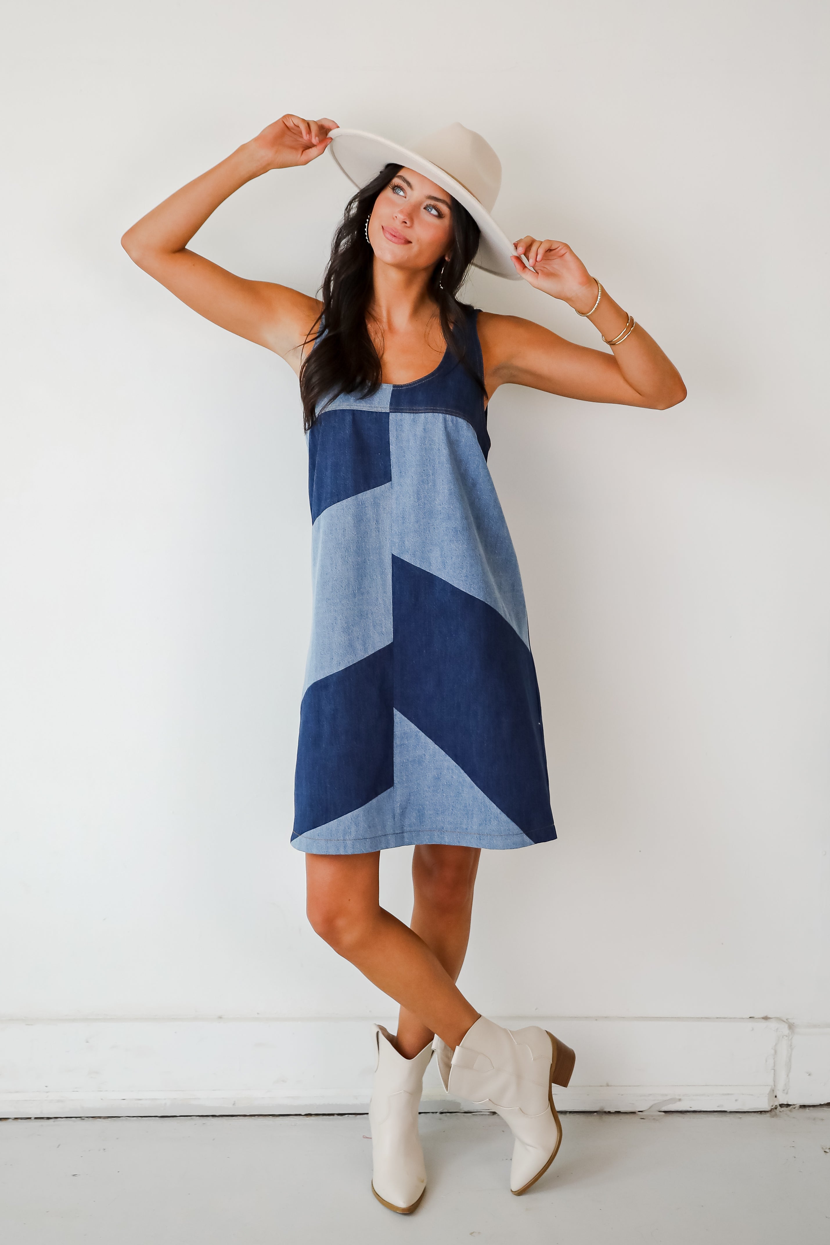 Sincerely Poised Denim Color Block Mini Dress