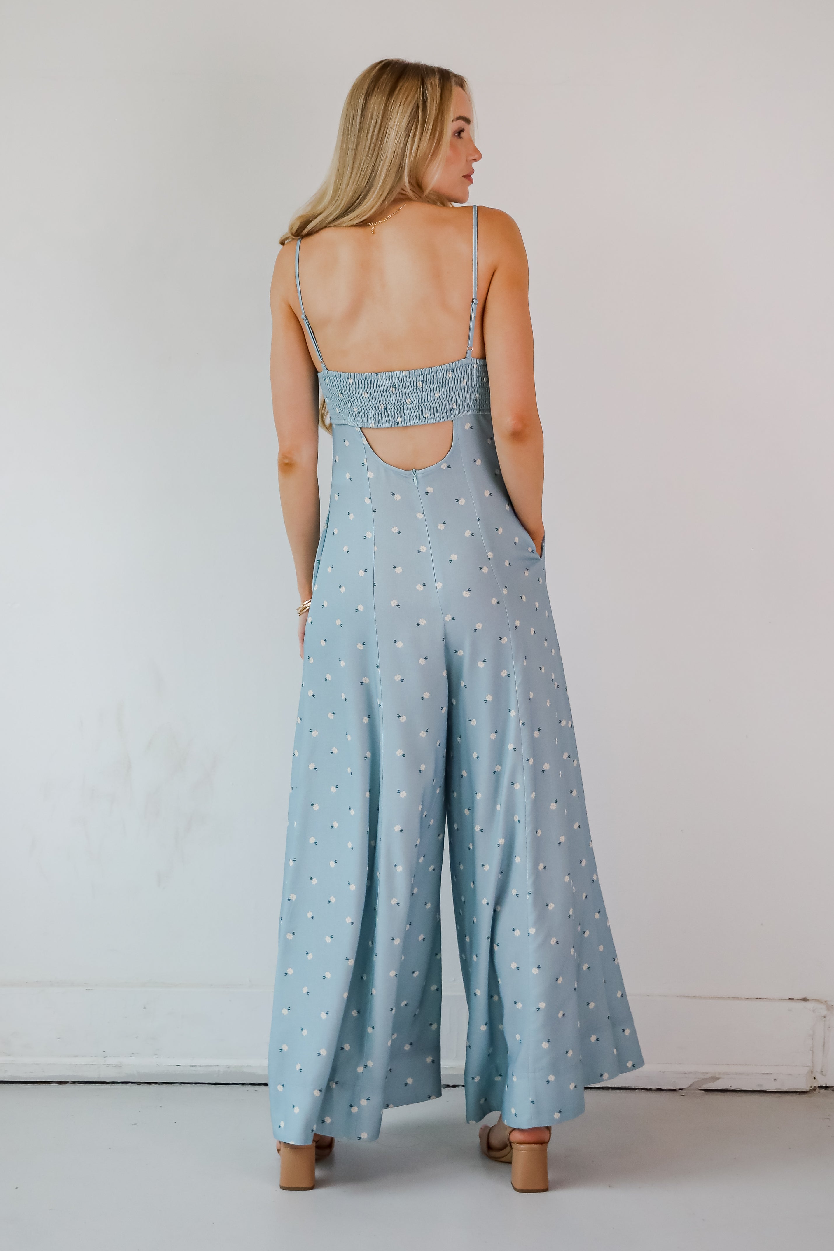 Cheerful Season Denim Floral Wide Leg Jumpsuit