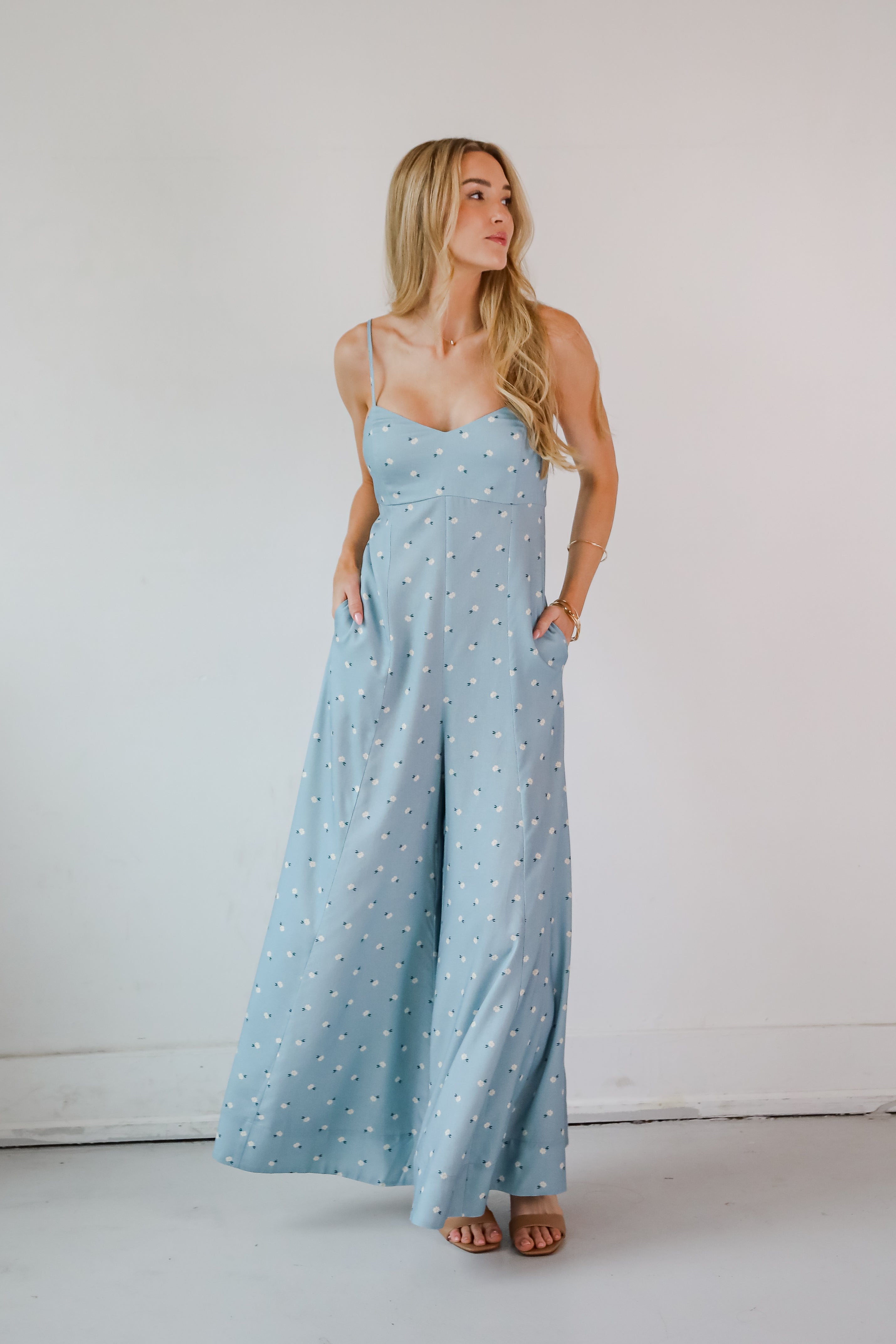 Cheerful Season Denim Floral Wide Leg Jumpsuit