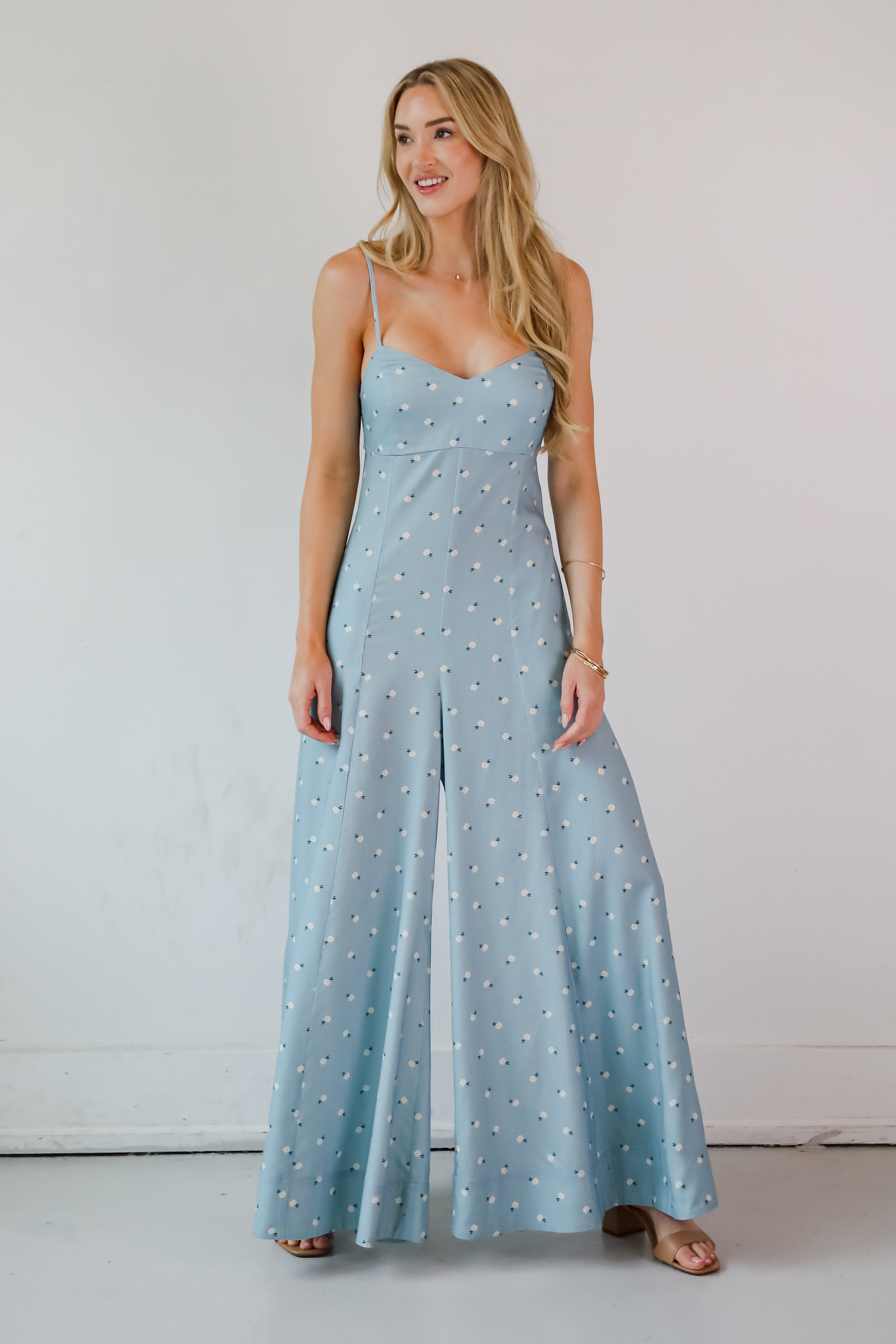 Cheerful Season Denim Floral Wide Leg Jumpsuit