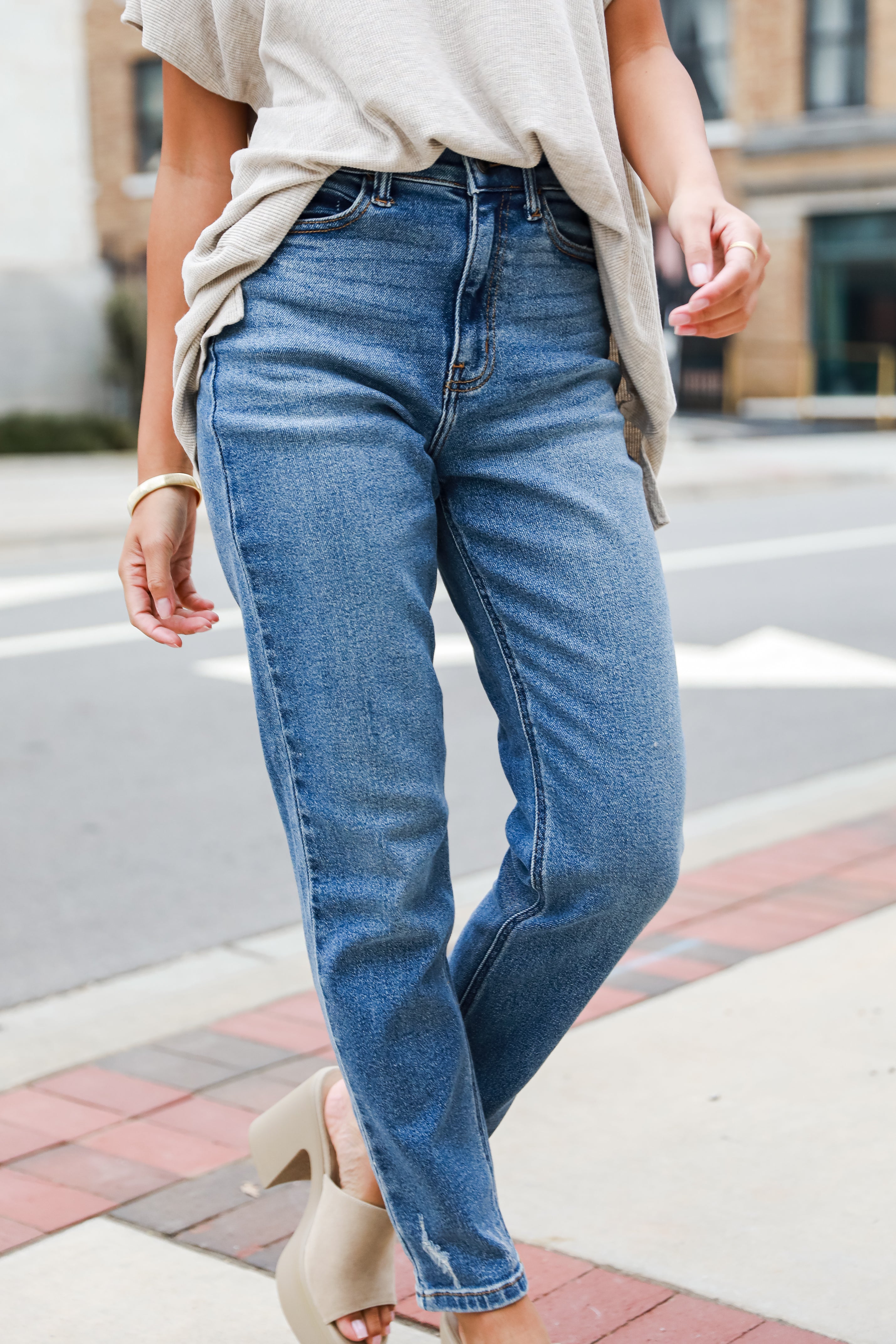 high rise medium wash Mom Jeans