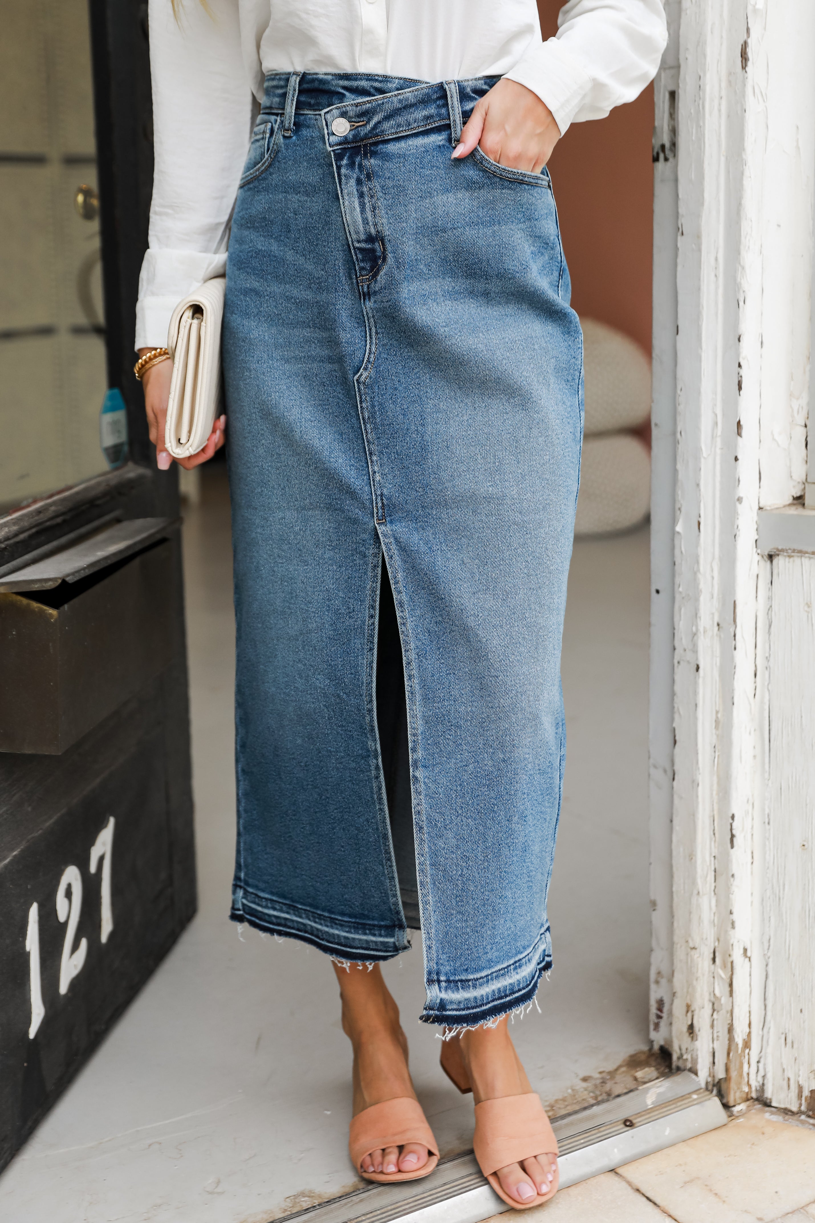 medium wash Denim Maxi Skirt