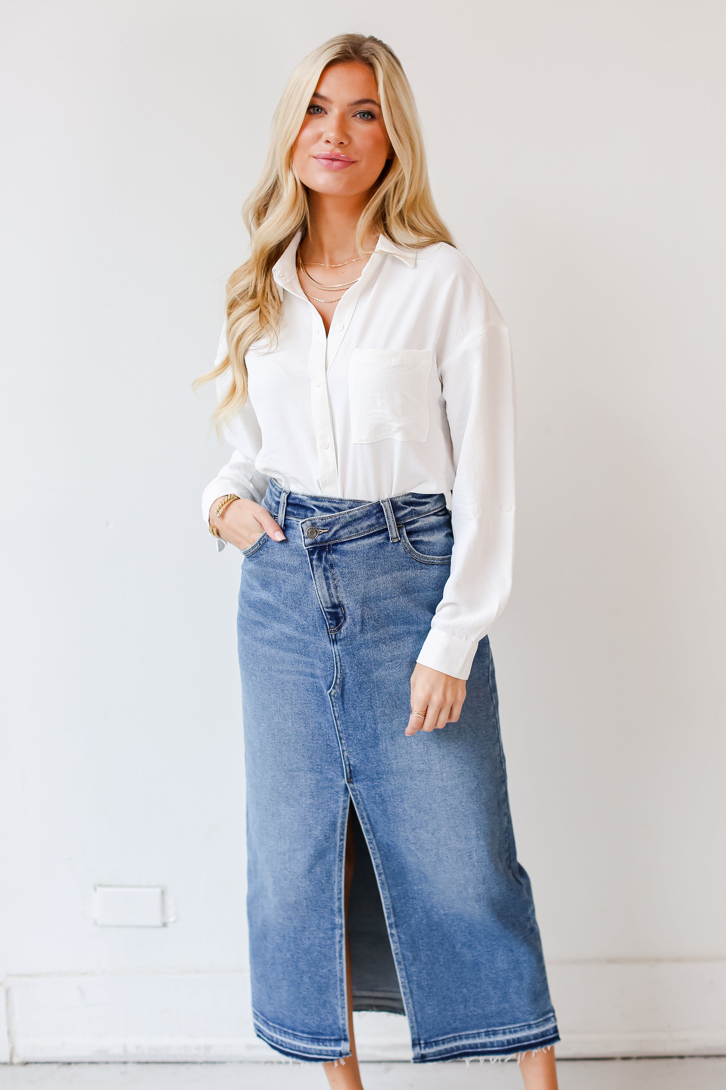 medium wash Denim Maxi Skirt front view