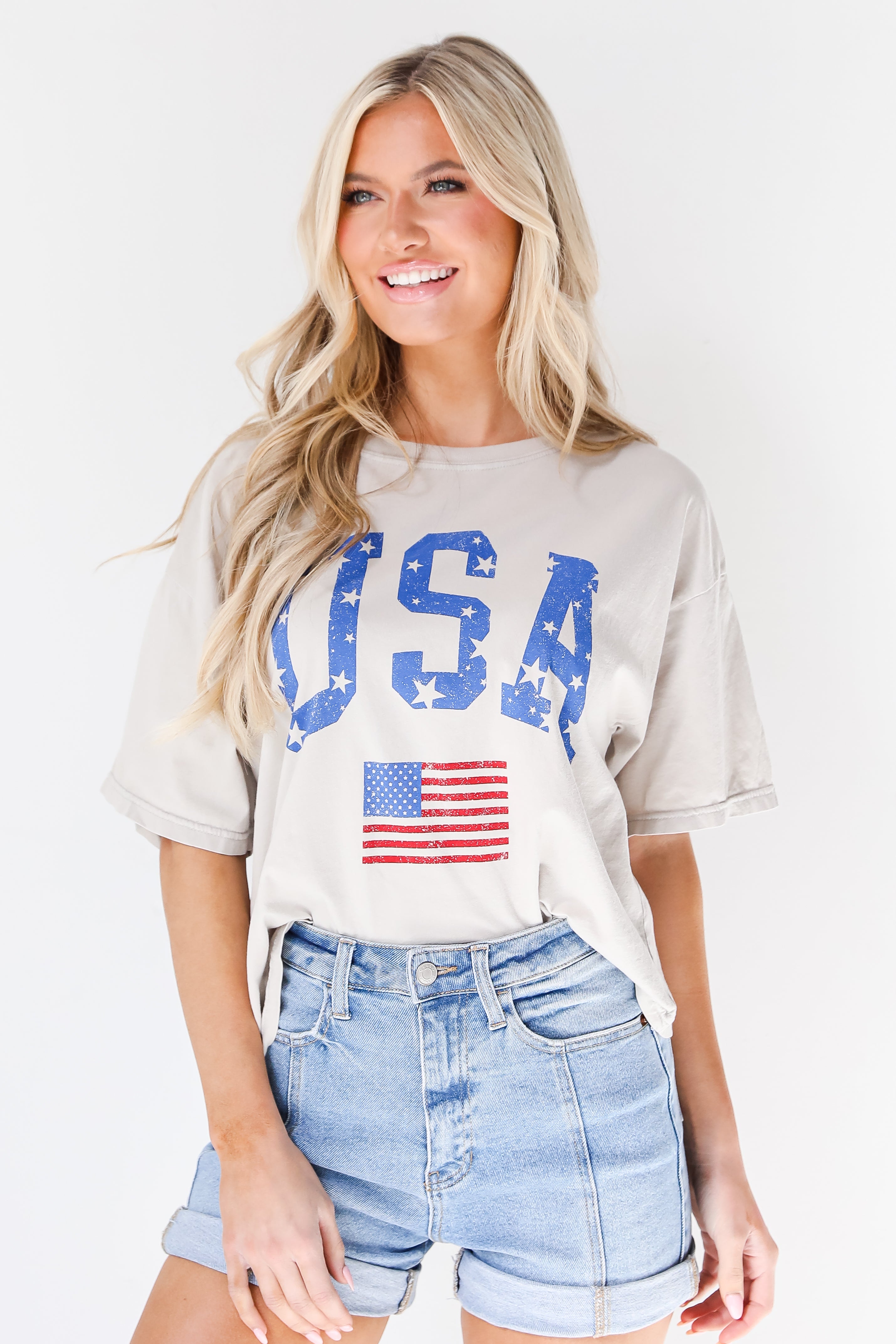 light wash Denim Shorts on model