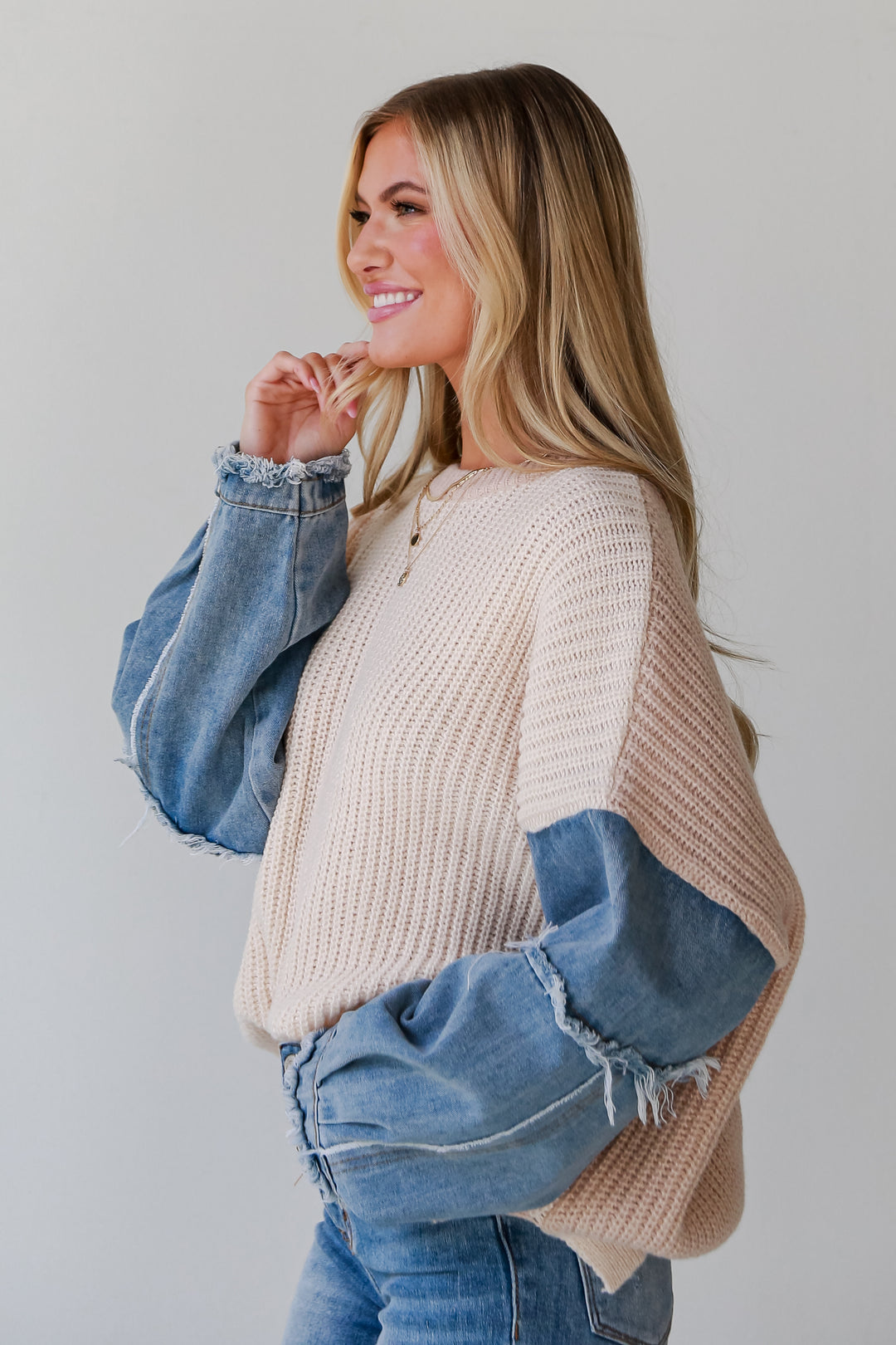 Ivory Denim Sleeve Oversized Sweater side view