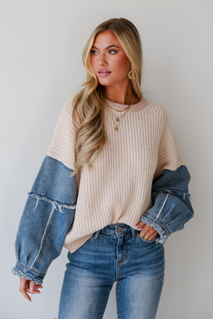 Ivory Denim Sleeve Oversized Sweater on model