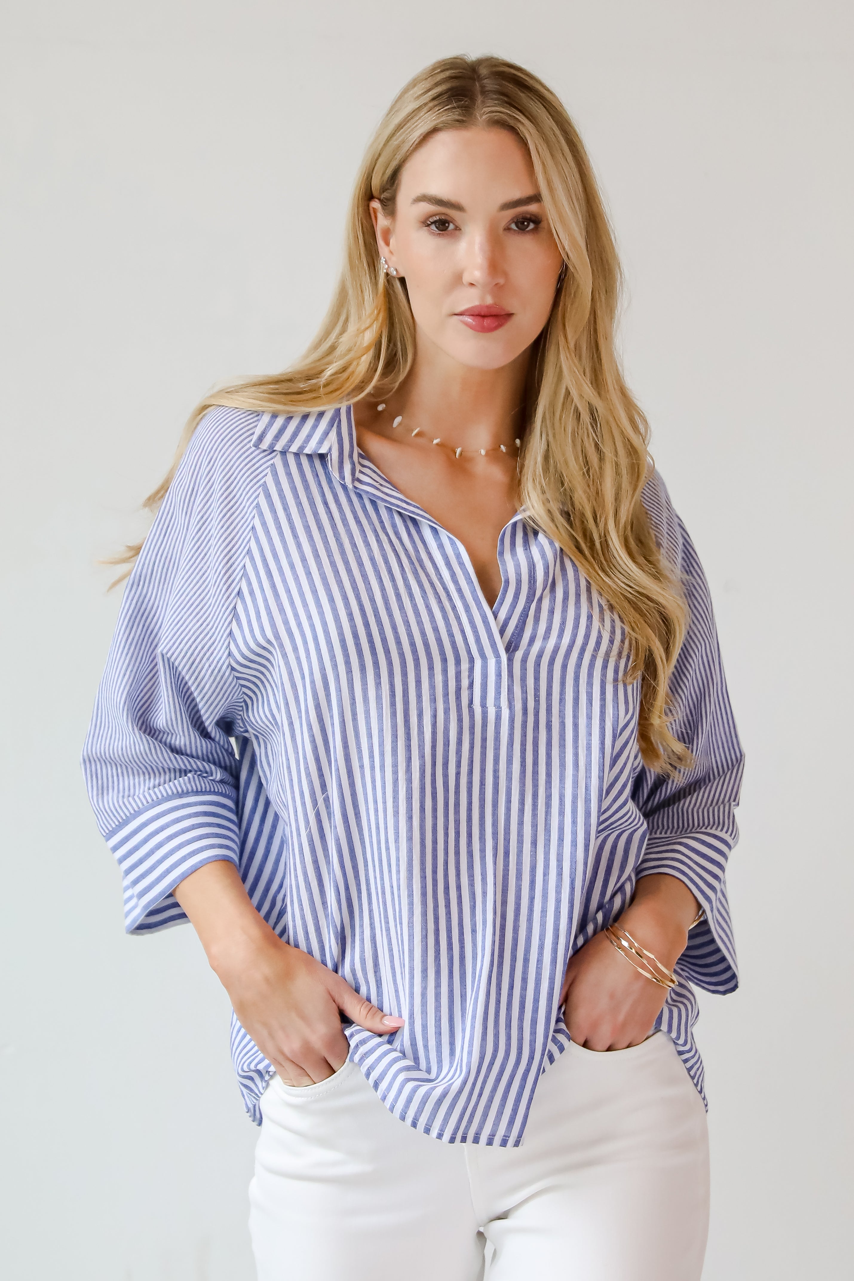 Constantly Trendy Denim Striped Blouse