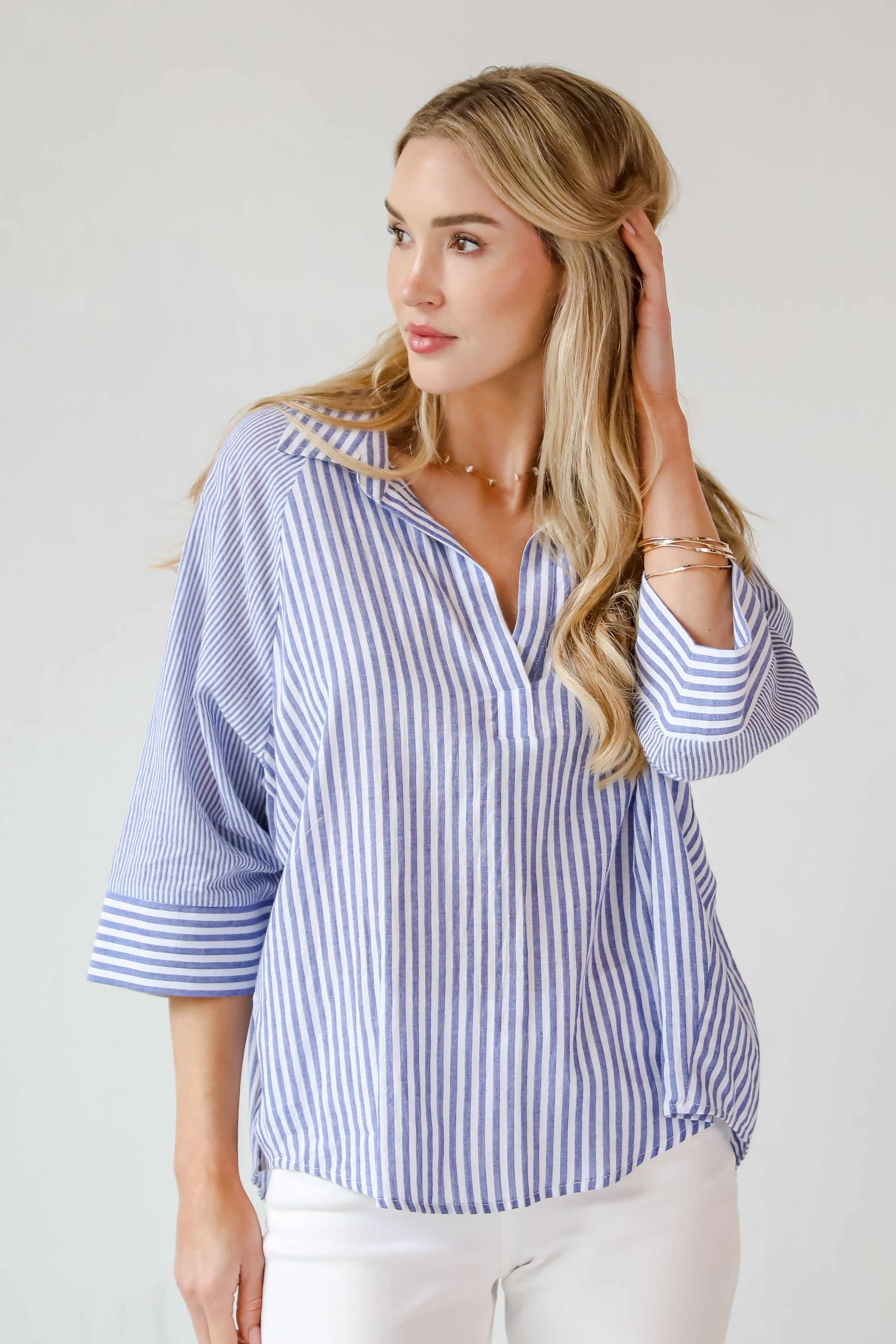 Constantly Trendy Denim Striped Blouse