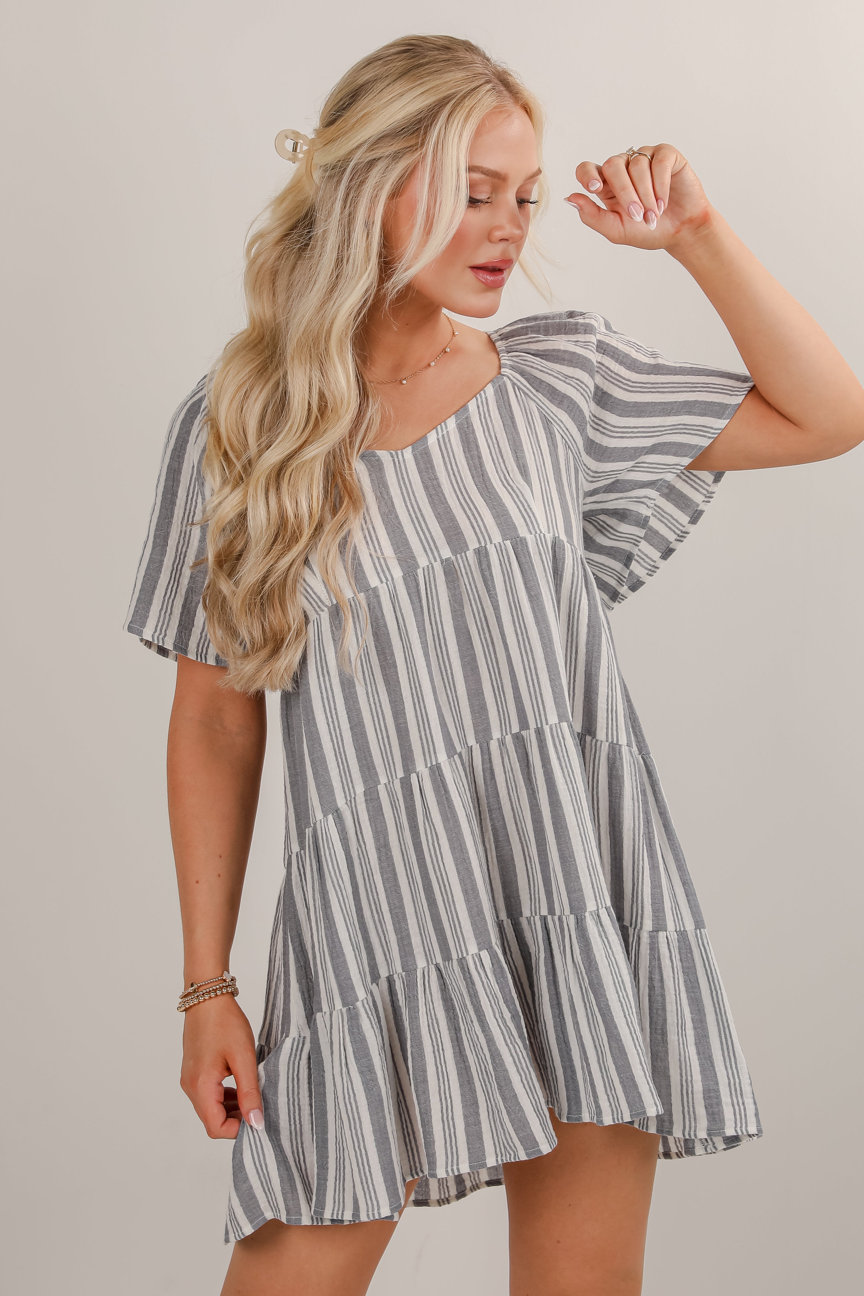 Hold Your Breath Denim Striped Linen Tiered Mini Dress