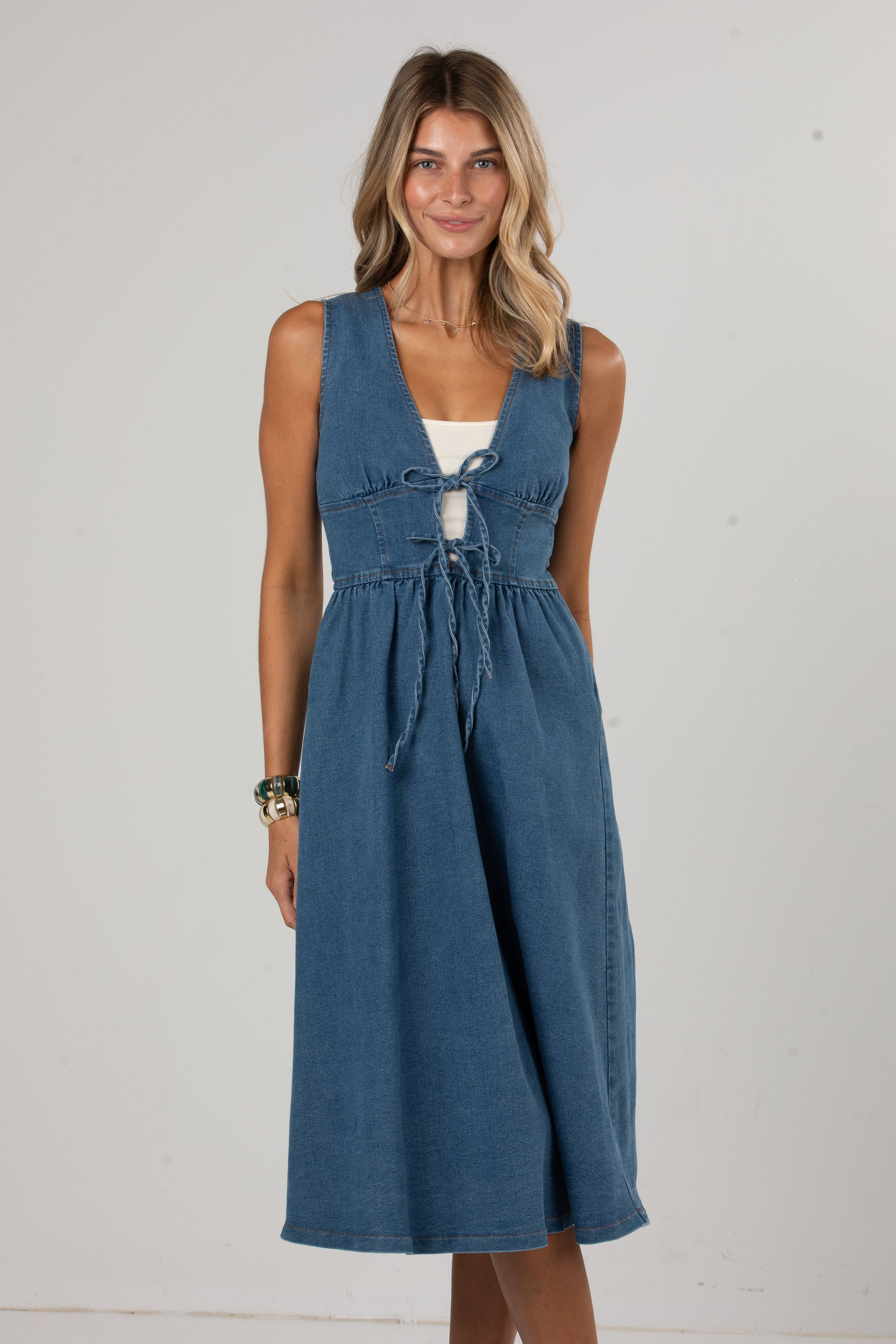 Westbrook Denim Tie Front Midi Dress