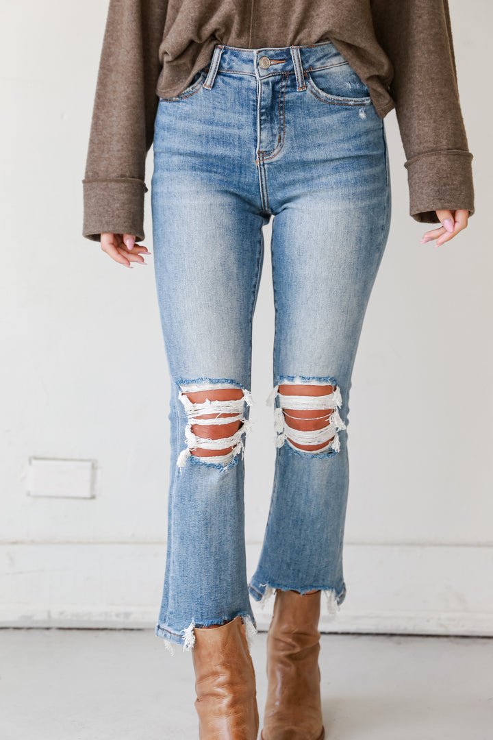 high waisted Light Wash Distressed Kick Flare Jeans