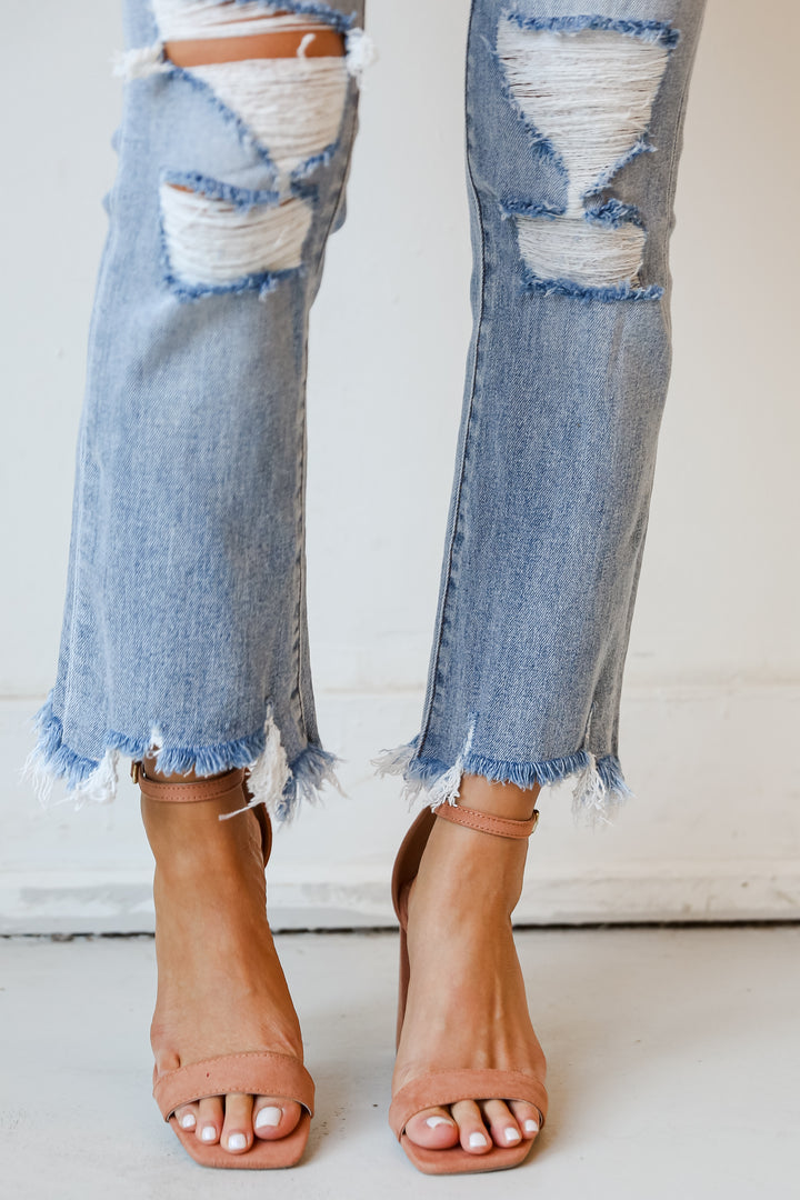 high waisted Light Wash Distressed Crop Flare Jeans