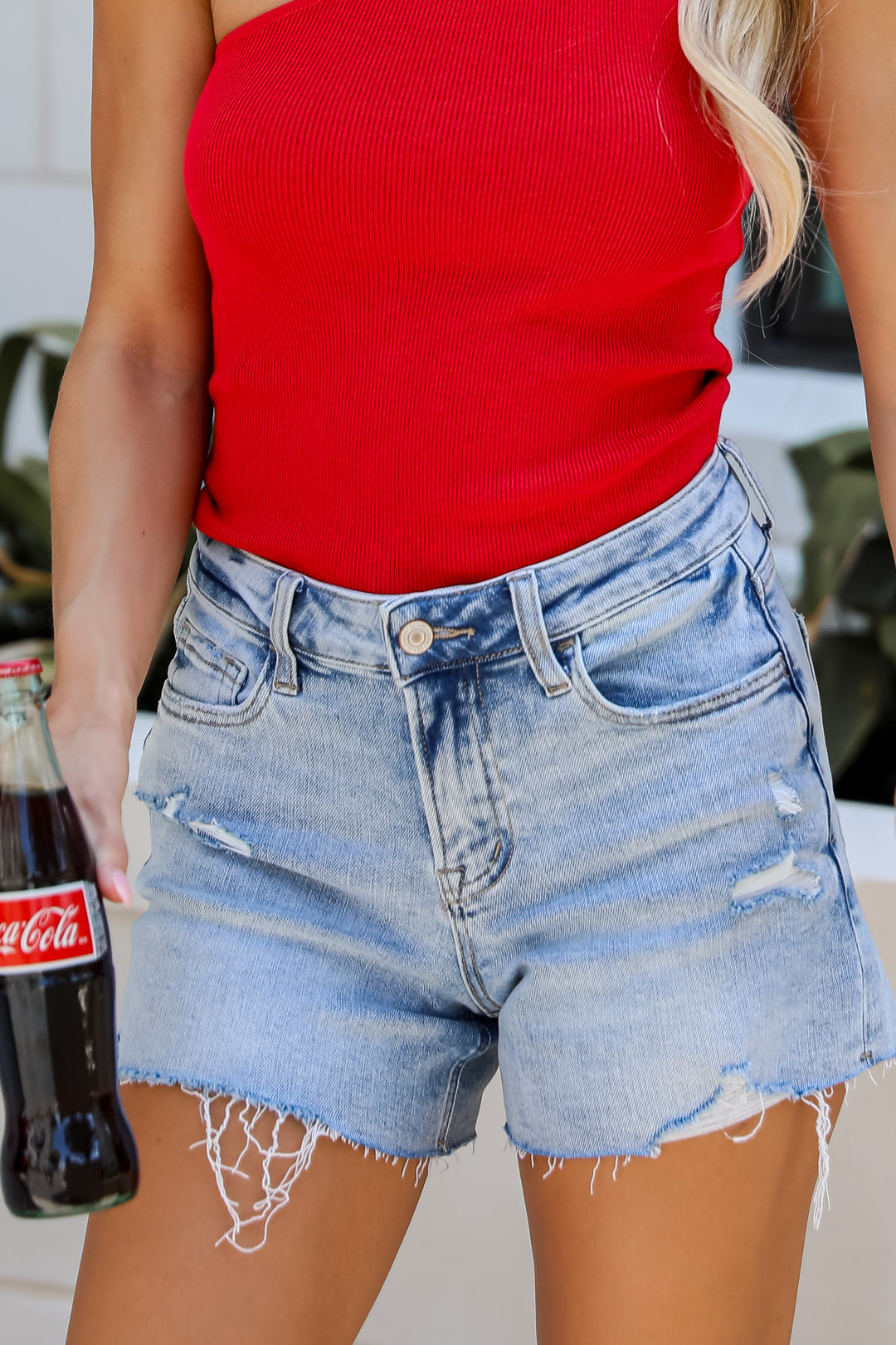 Holly Light Wash Mid-Rise Distressed Denim Shorts for vacation