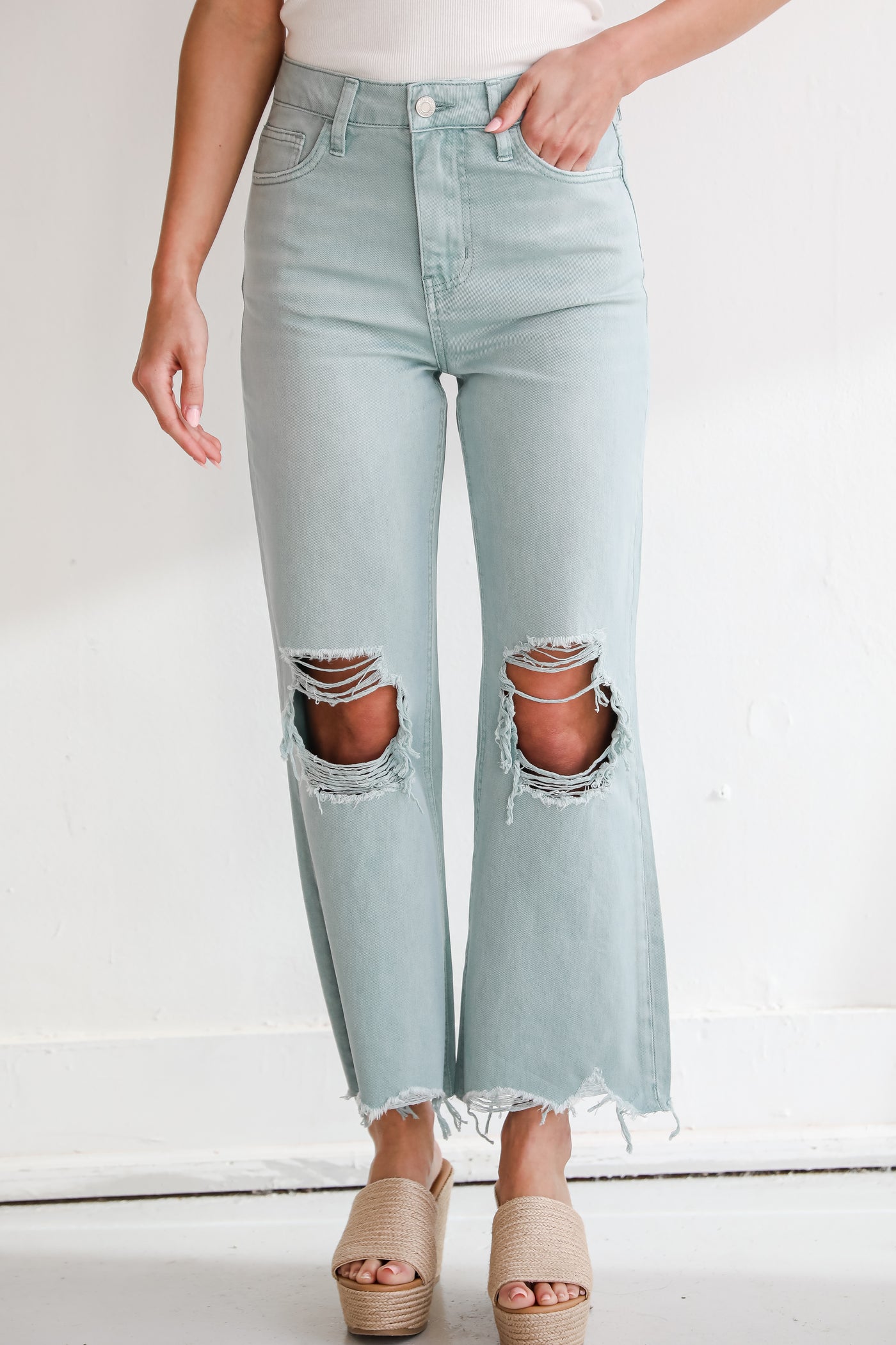 Light Blue Distressed Flare Jeans for women