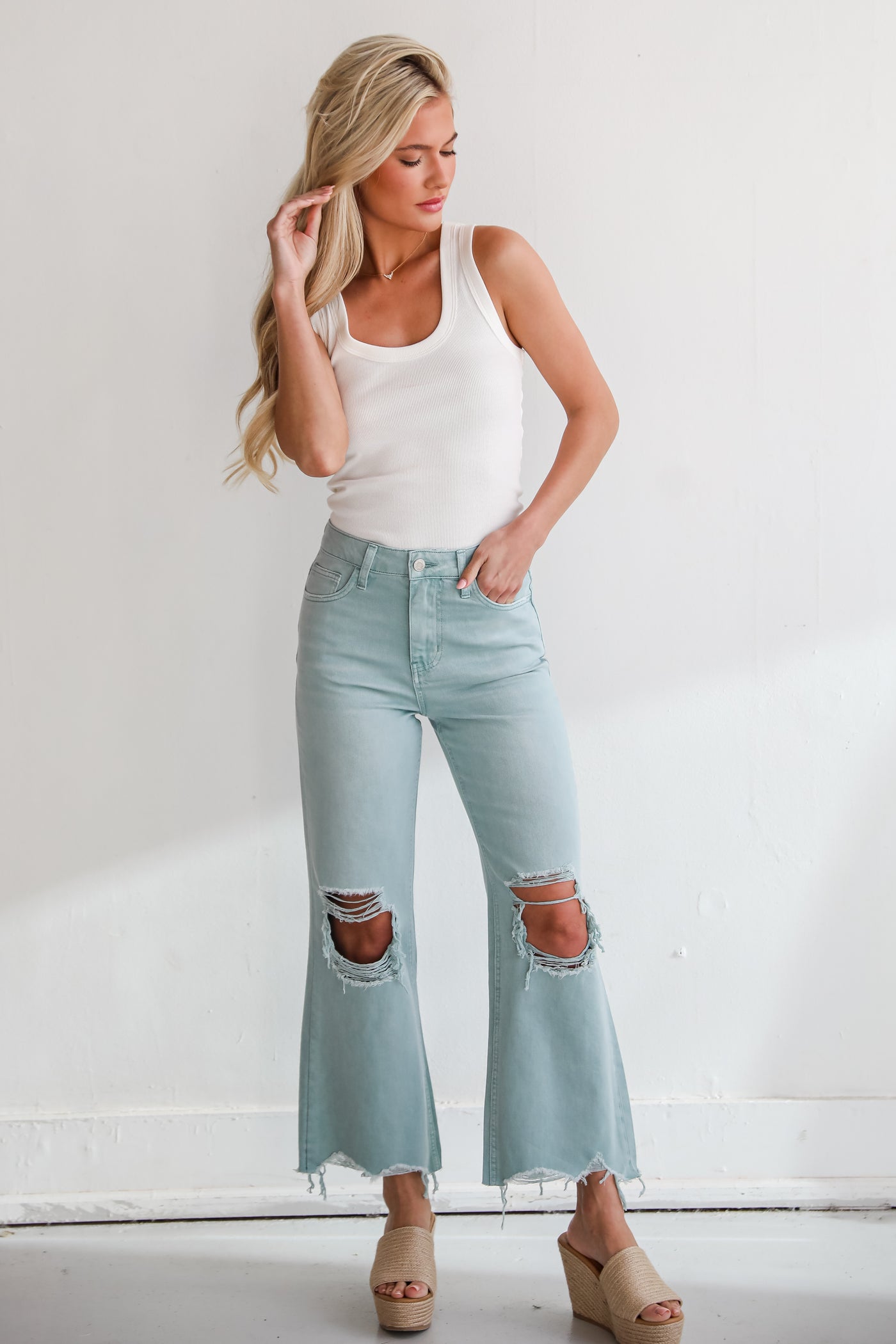womens Light Blue Distressed Flare Jeans