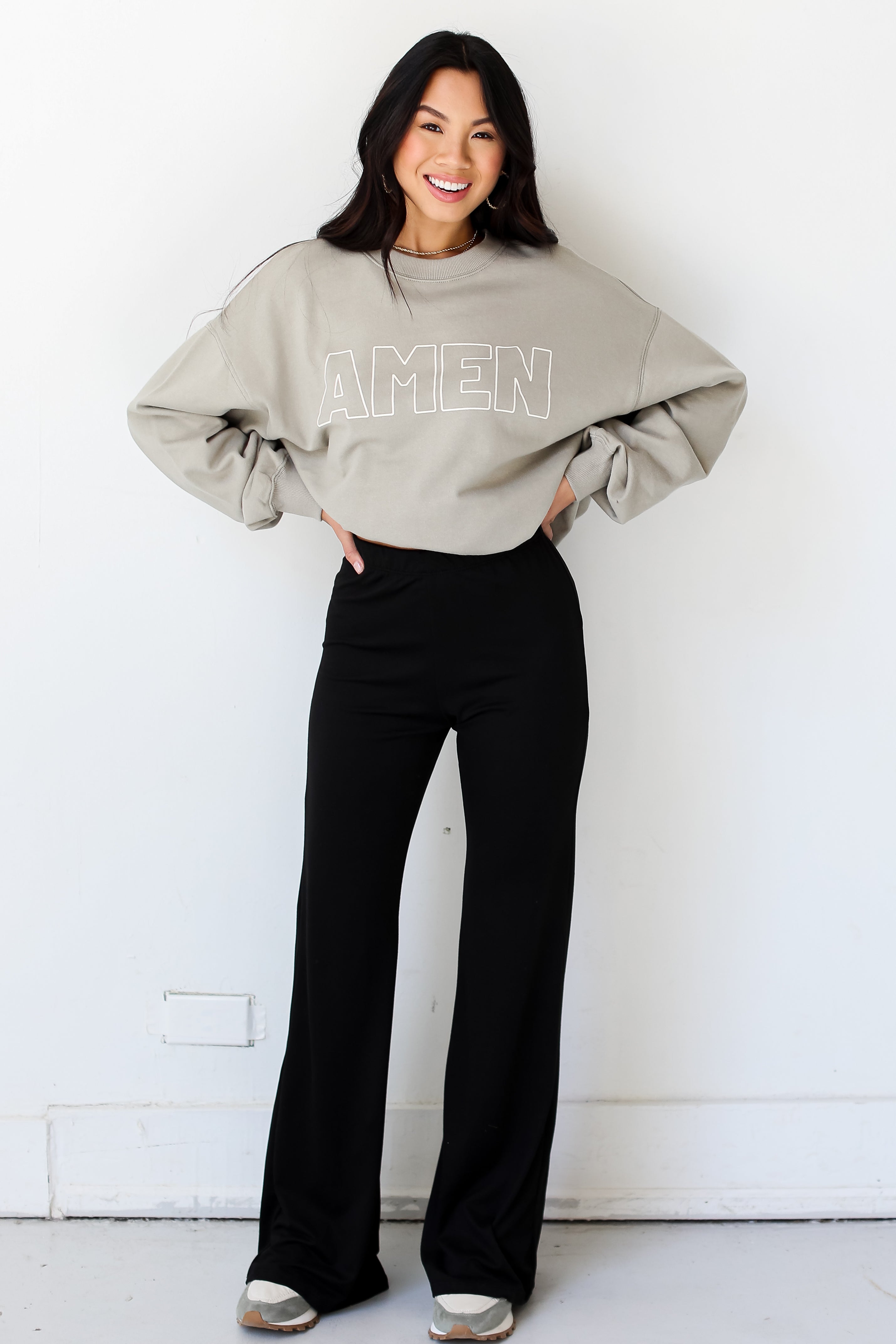 casual black Flare Pants on dress up model