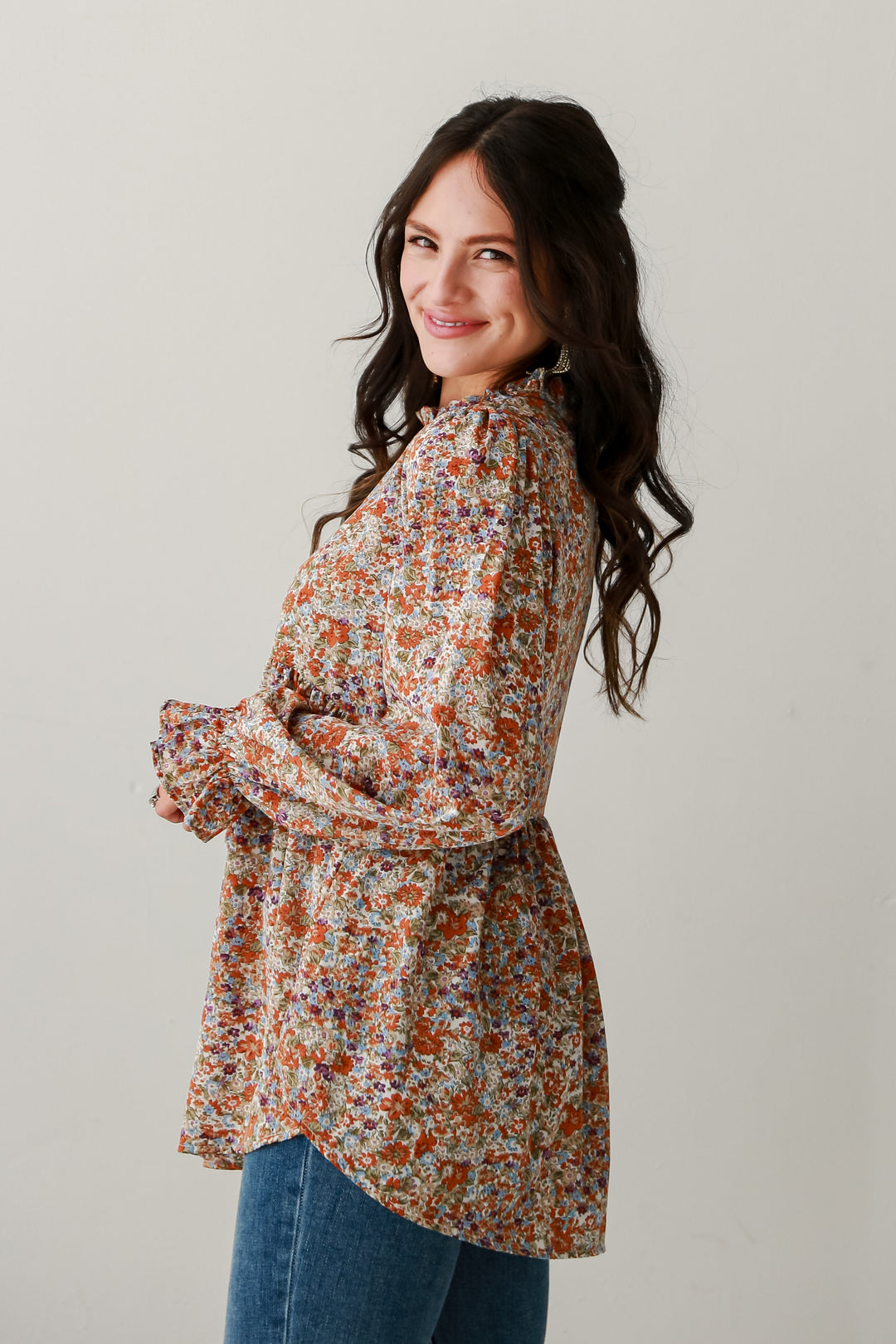 Rust Floral Babydoll Blouse side view