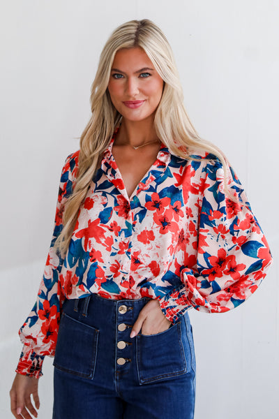 Coral Satin Floral Button-Up Blouse for women
