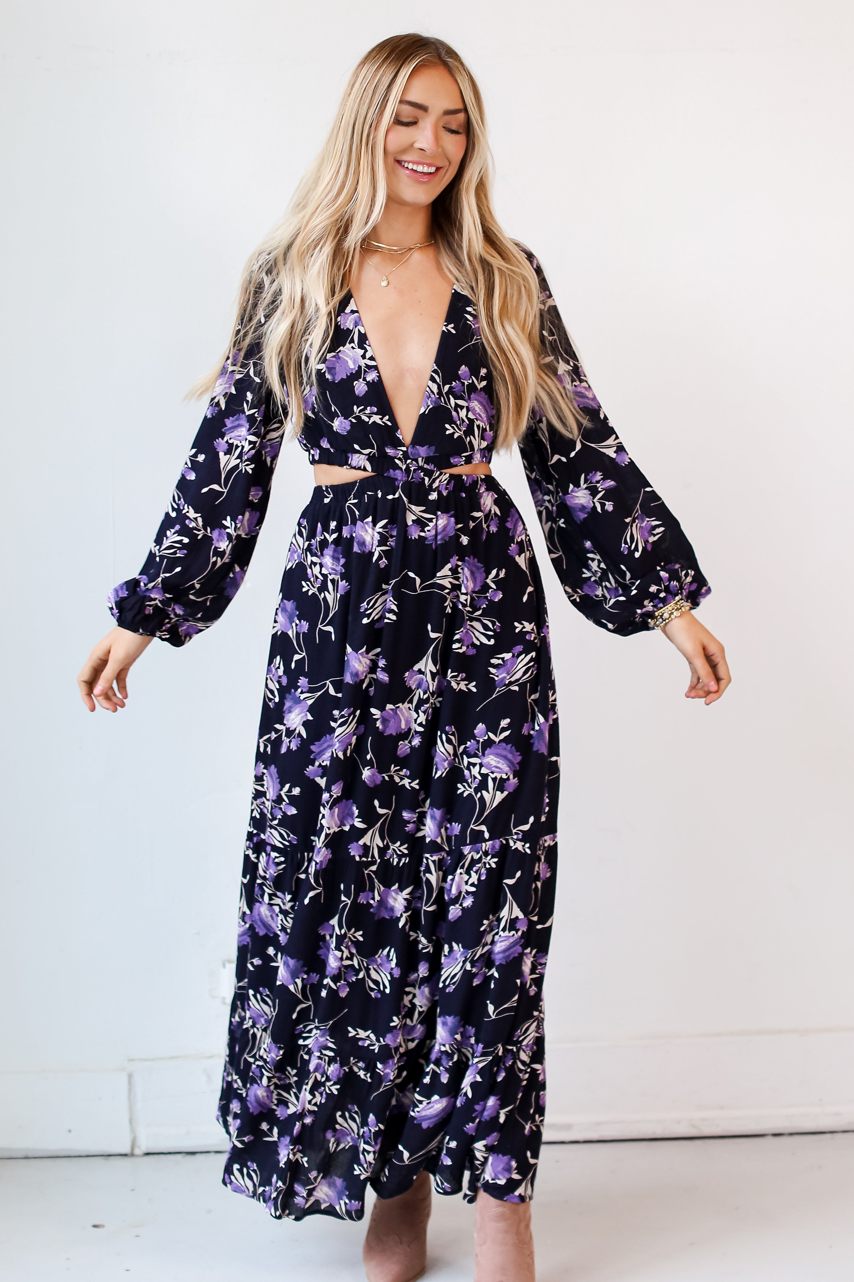 Navy Floral Cutout Maxi Dress front view
